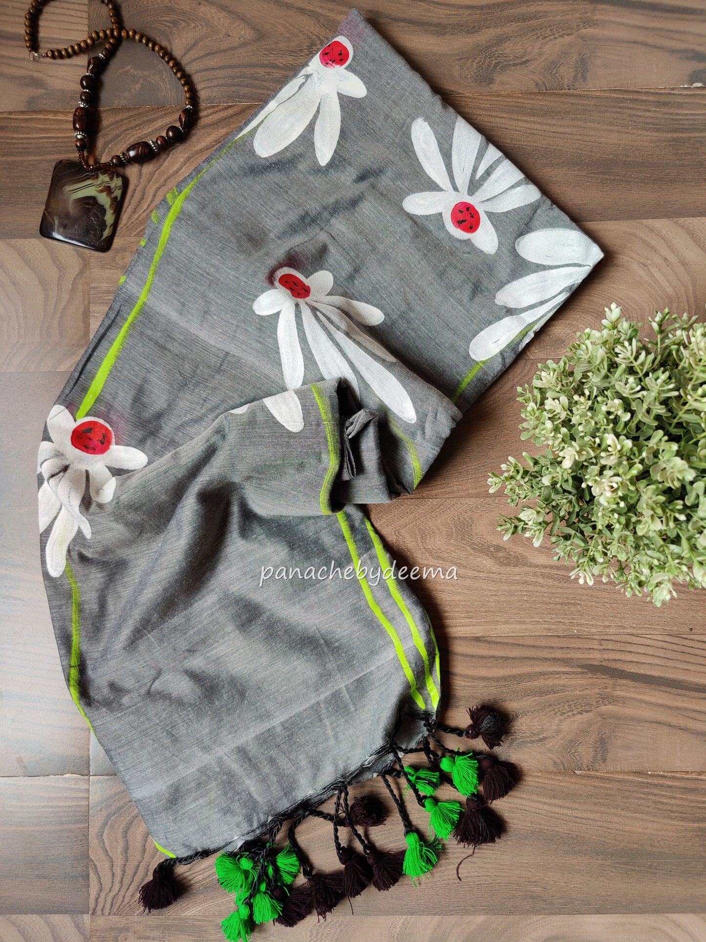 Mul cotton saree handpainted flowers | Grey | K10