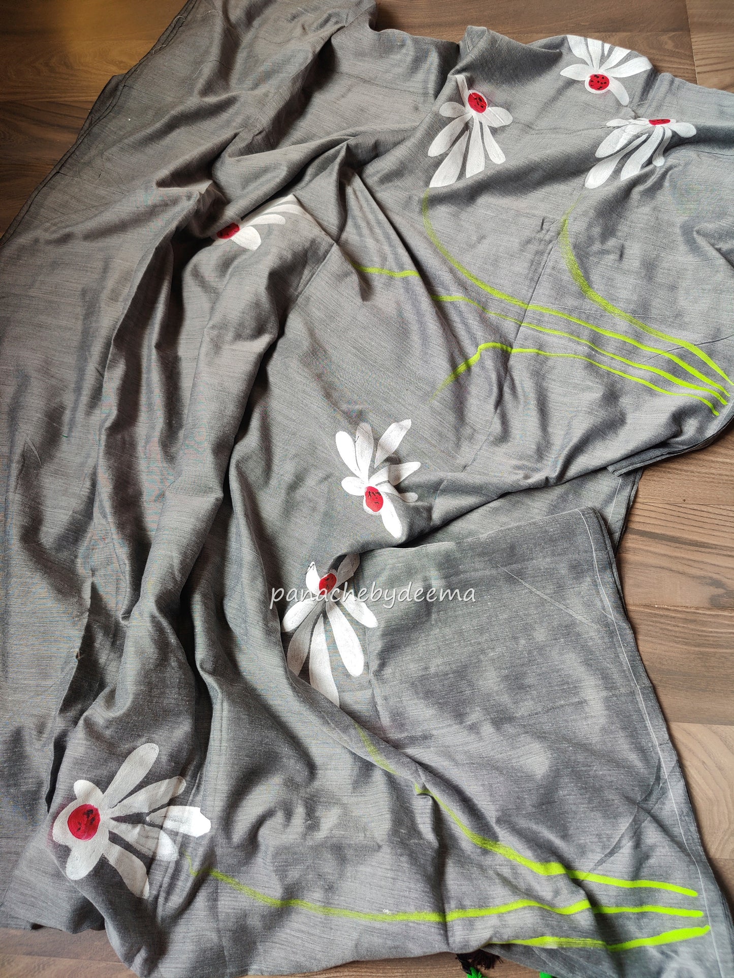 Mul cotton saree handpainted flowers | Grey | K10