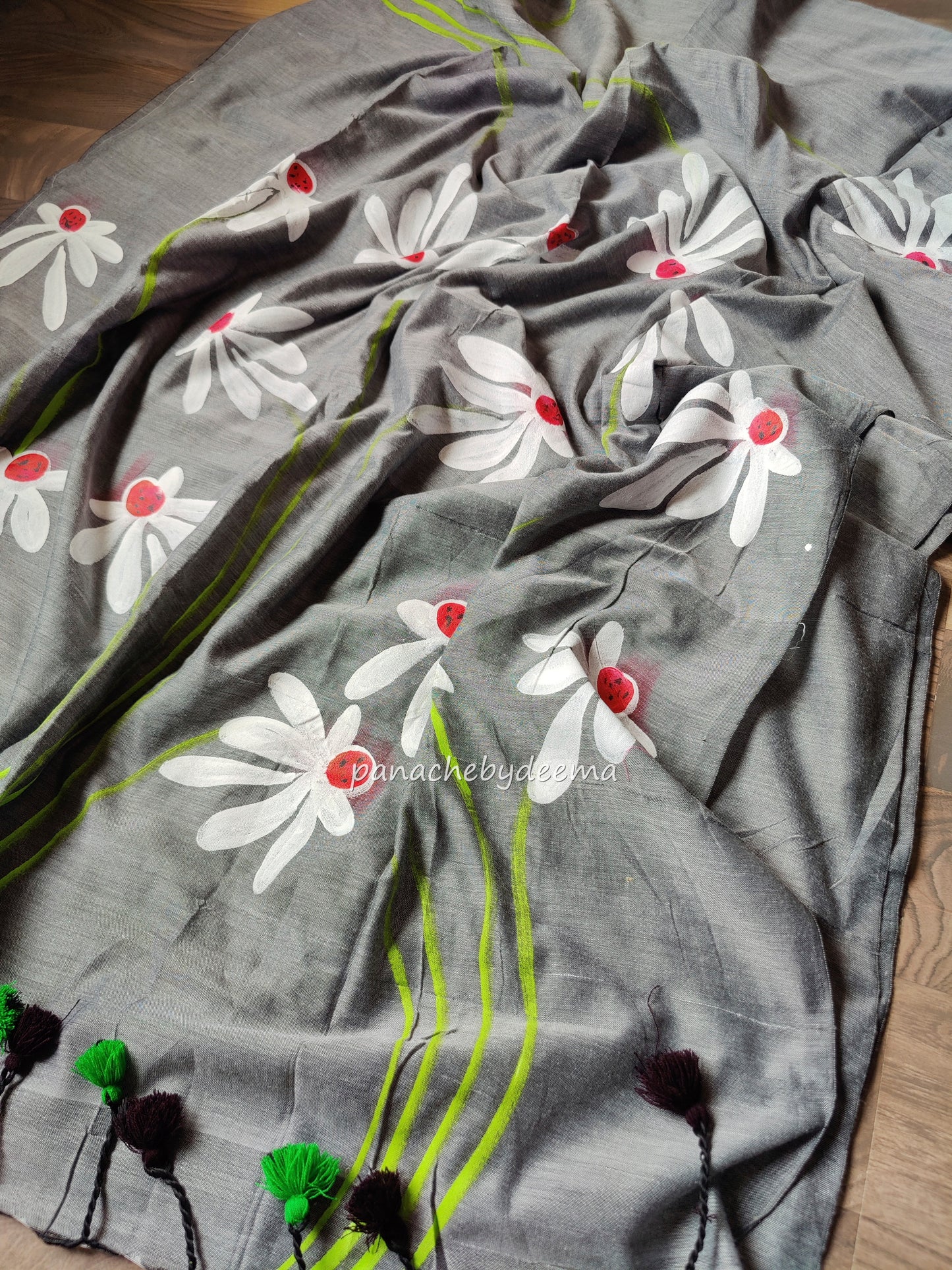 Mul cotton saree handpainted flowers | Grey | K10