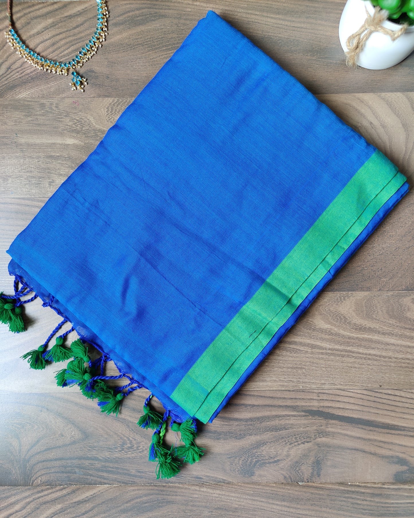 Mul cotton plain saree with borders |Blue with green border| PK4