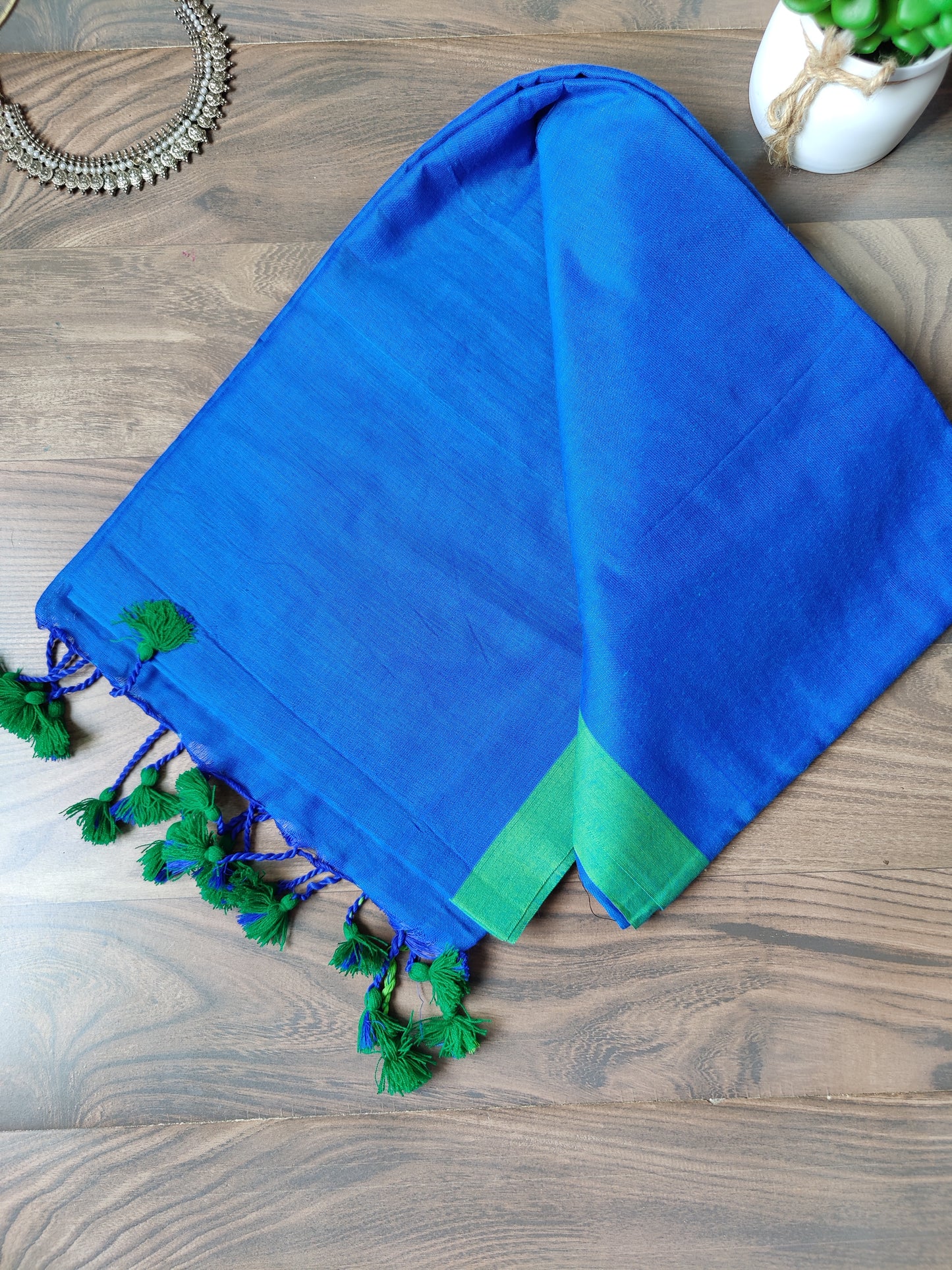 Mul cotton plain saree with borders |Blue with green border| PK4