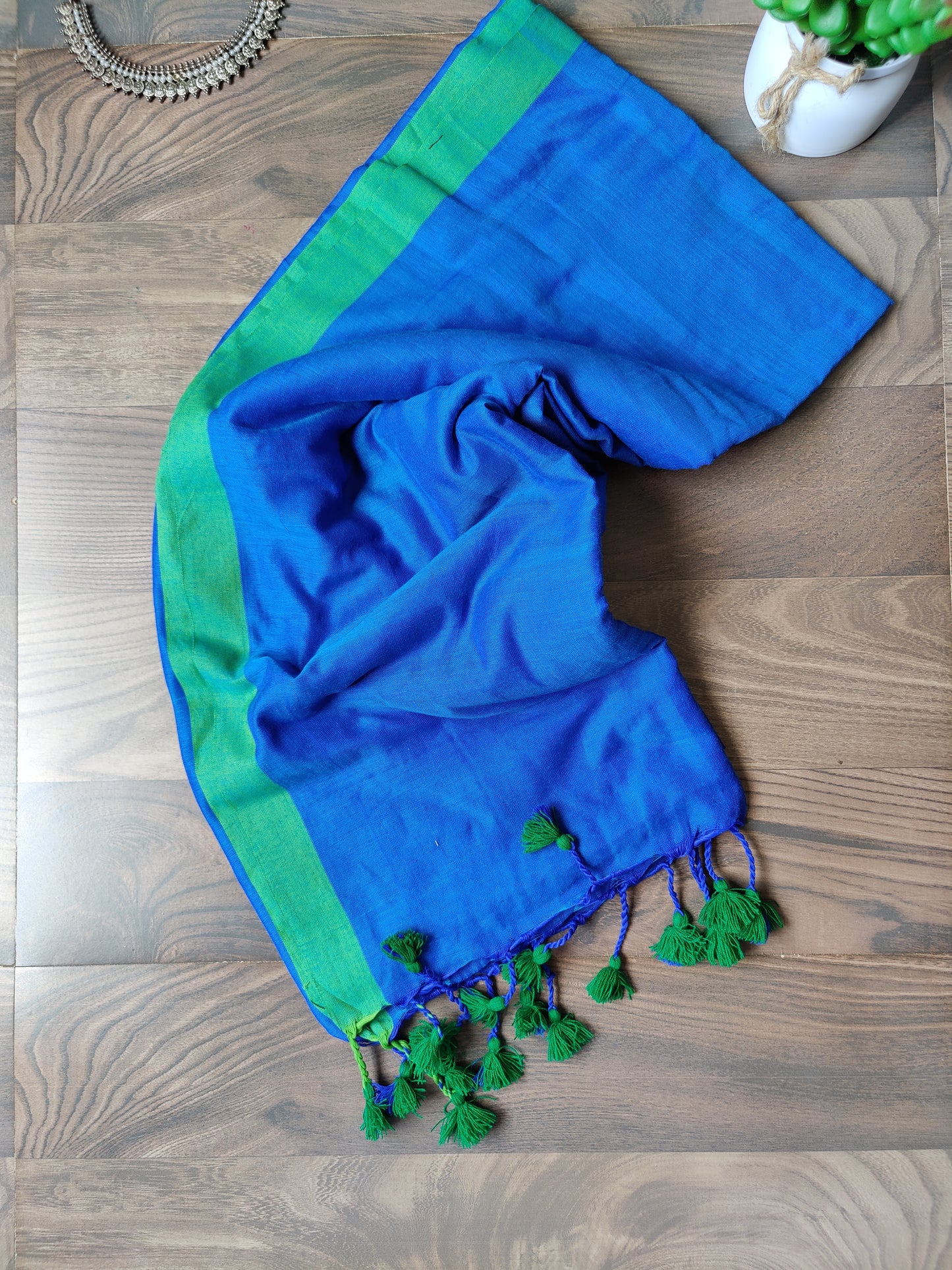 Mul cotton plain saree with borders |Blue with green border| PK4