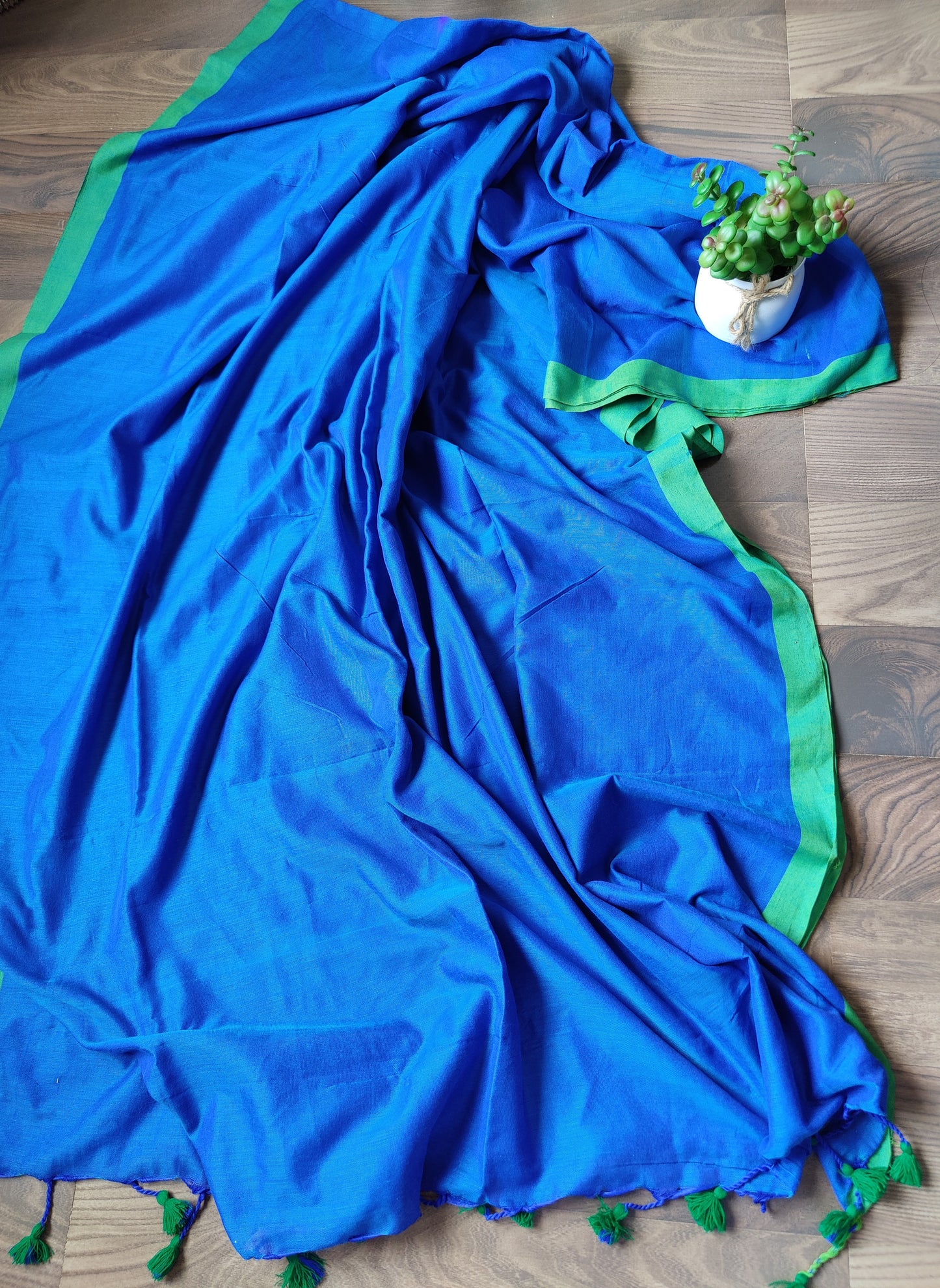 Mul cotton plain saree with borders |Blue with green border| PK4