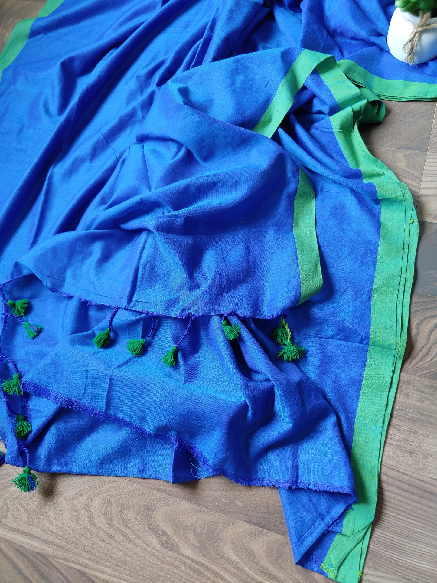 Mul cotton plain saree with borders |Blue with green border| PK4