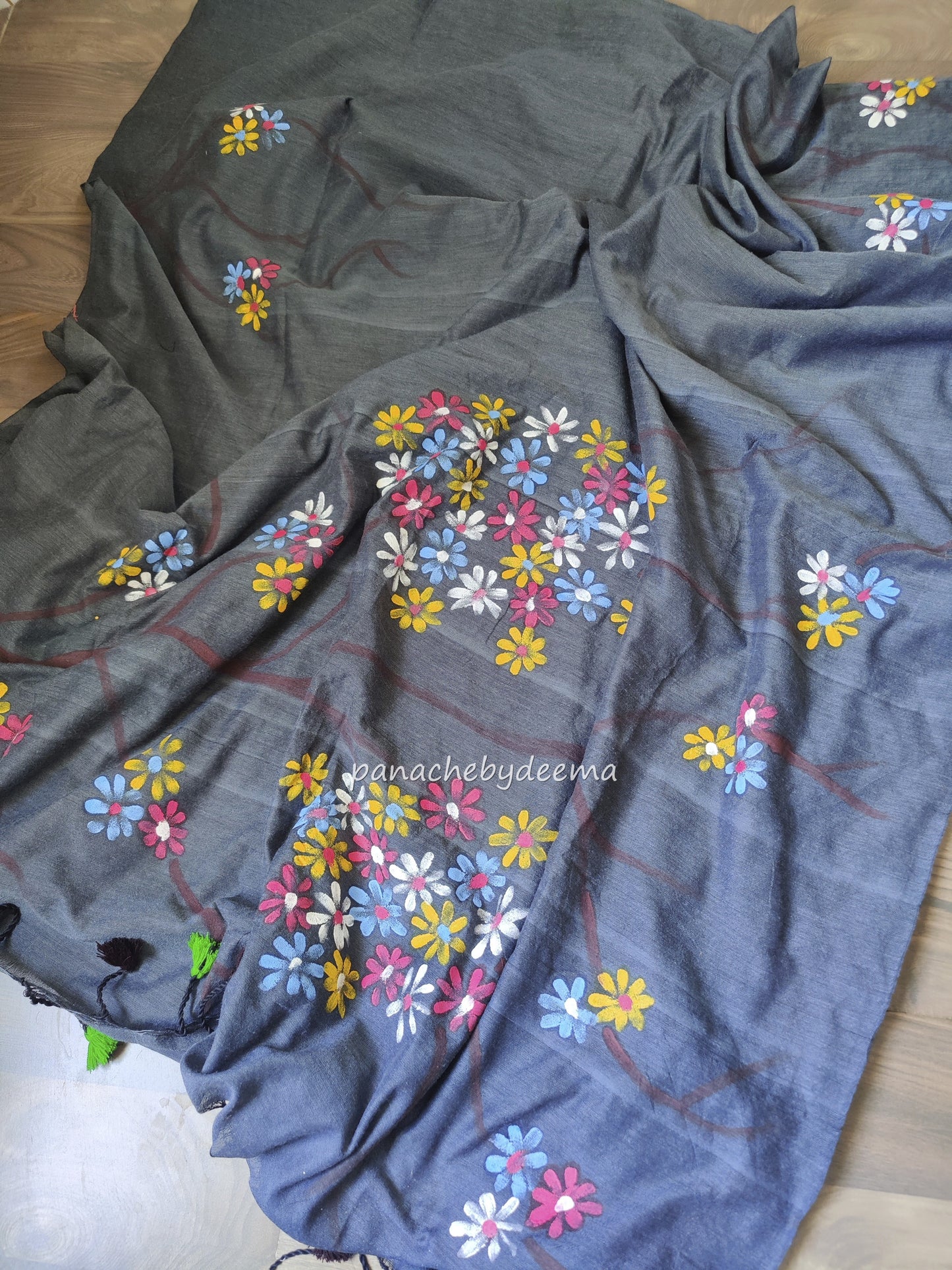 Mul cotton saree handpainted flowers | Dark Grey | K11