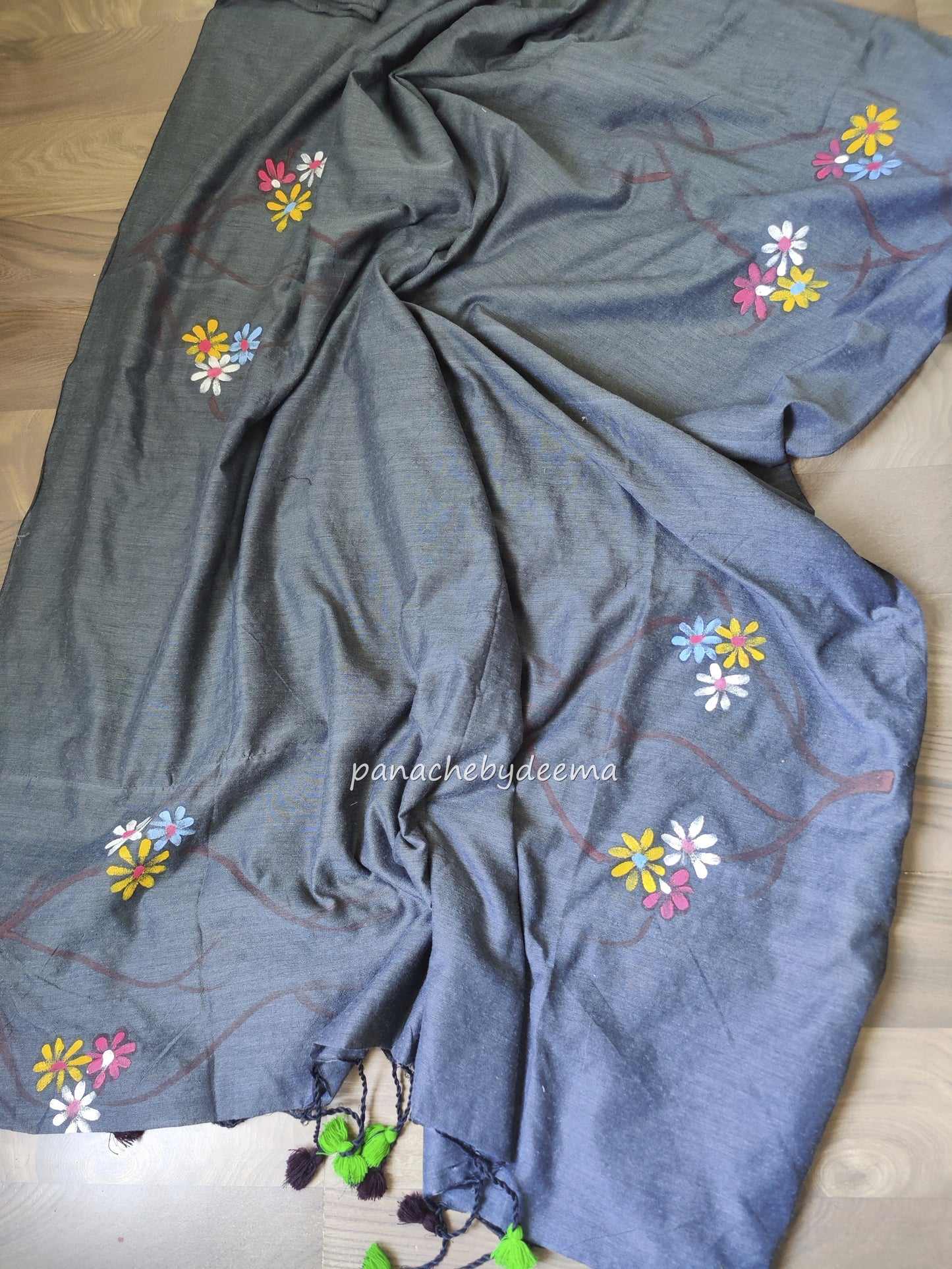 Mul cotton saree handpainted flowers | Dark Grey | K11