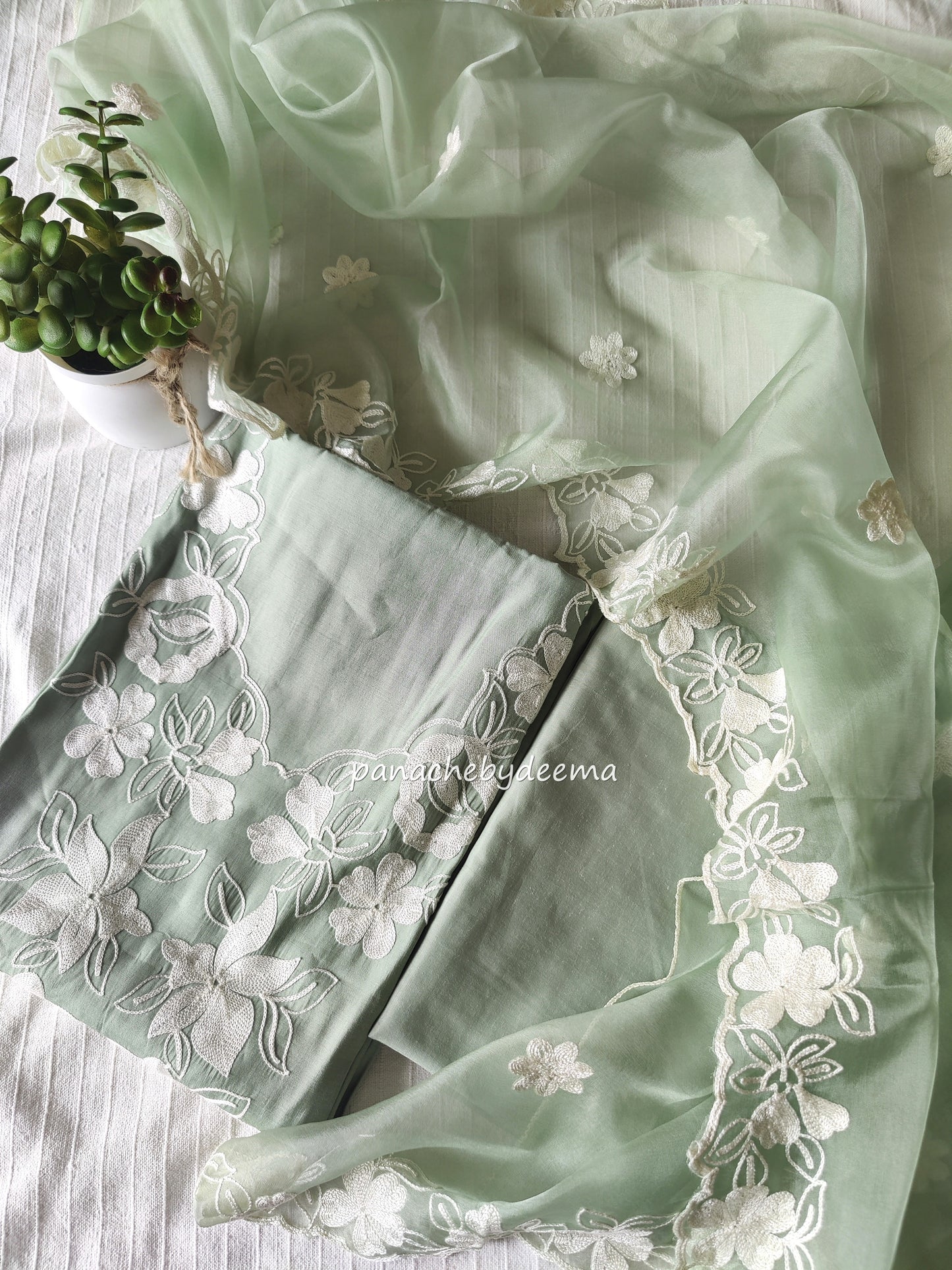 Pastel green unstitched salwar set with embroidery |Pastel green| PC2