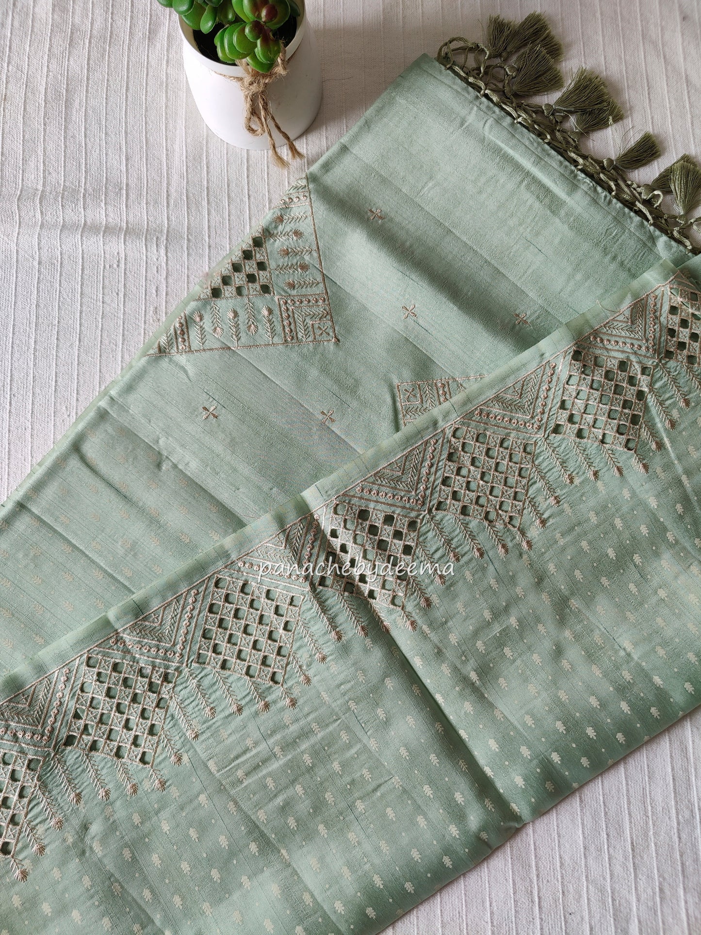 Beautiful semi tussar saree cut work border | Pastel green | CT114