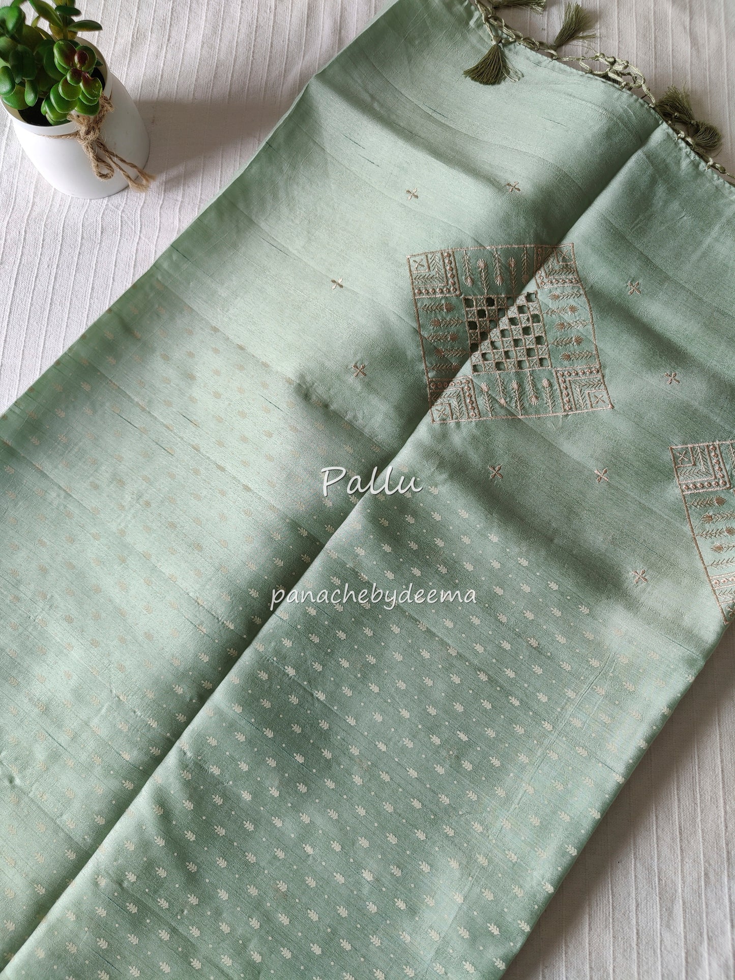 Beautiful semi tussar saree cut work border | Pastel green | CT114