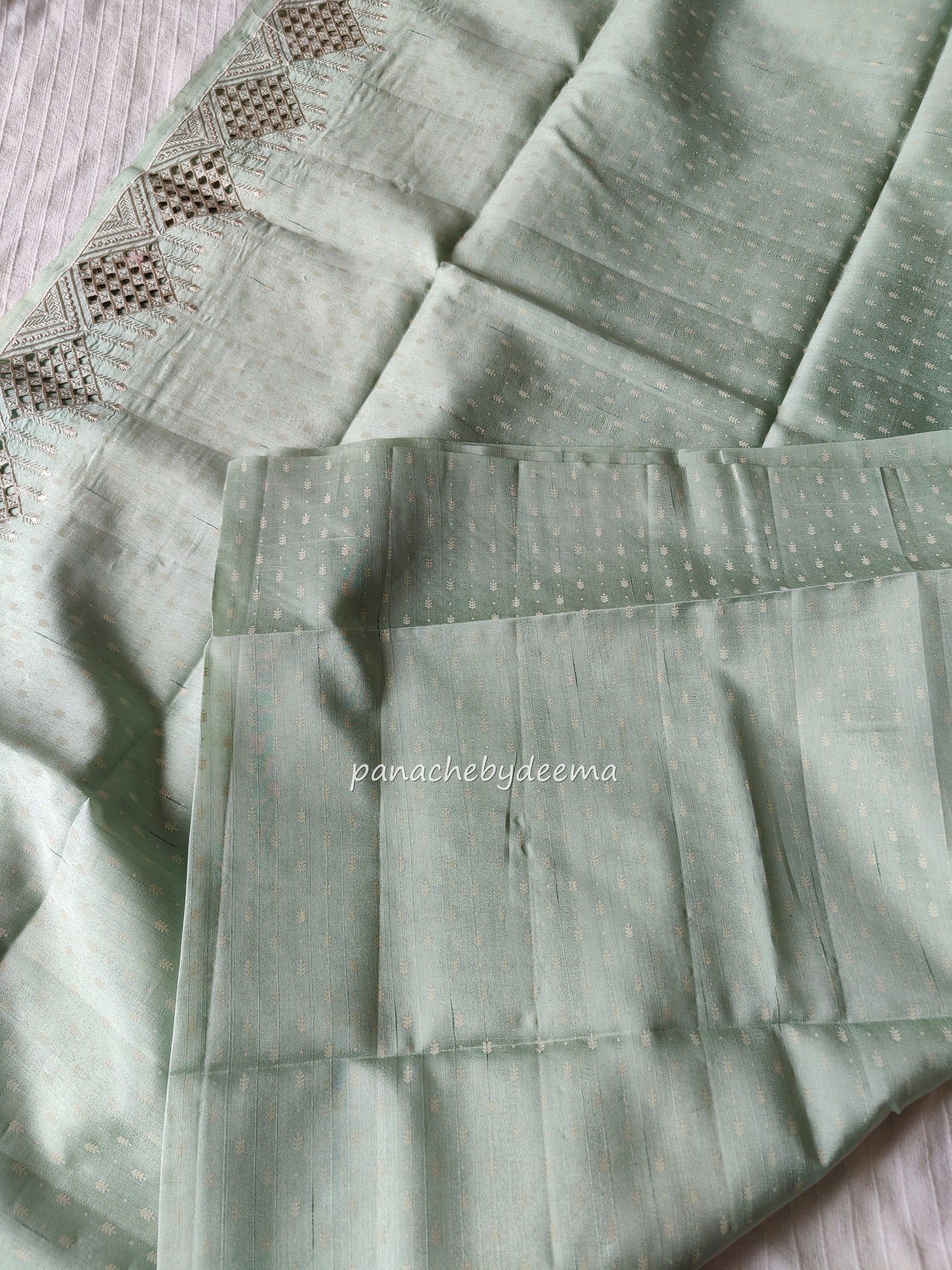 Beautiful semi tussar saree cut work border | Pastel green | CT114