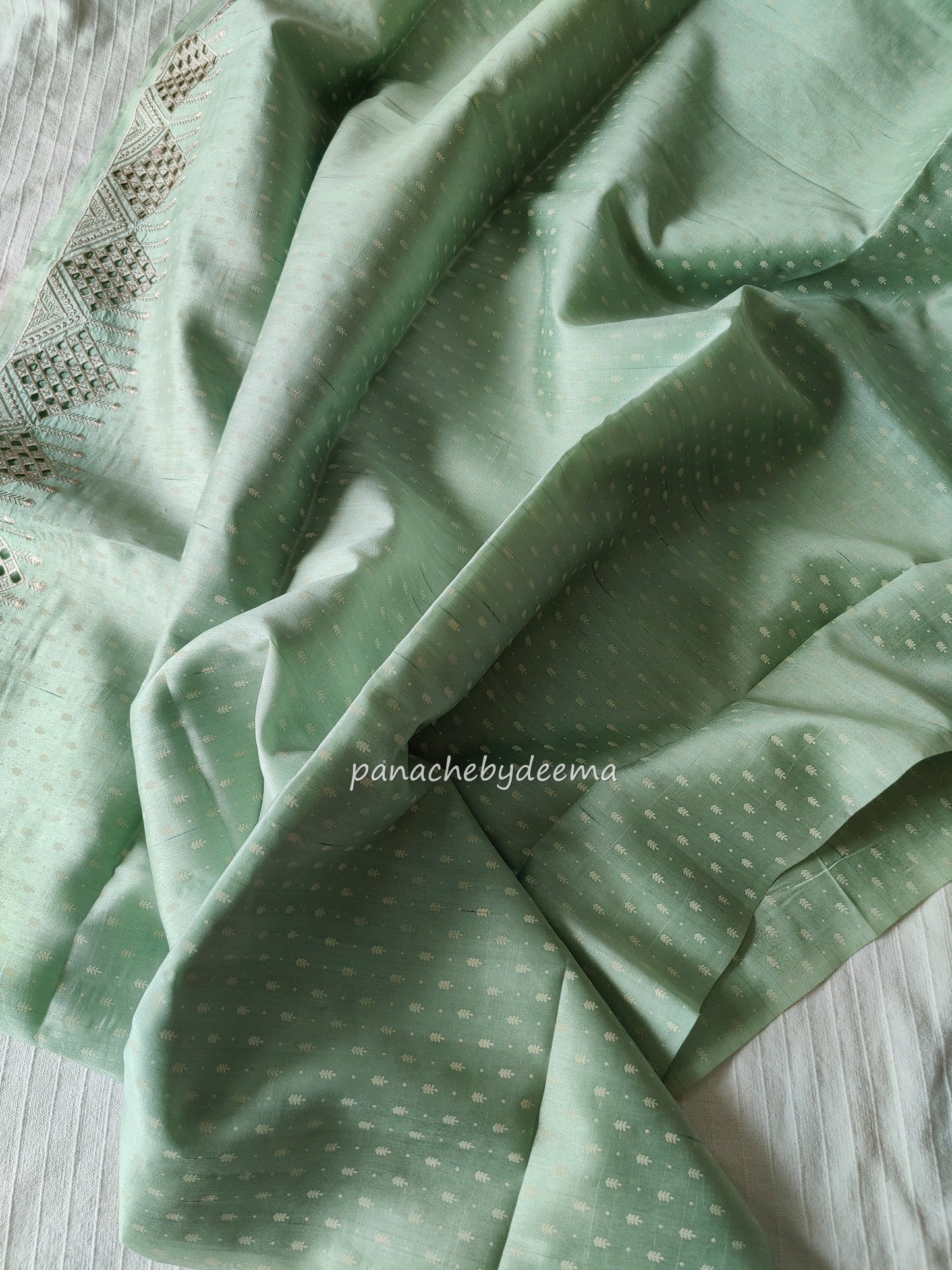 Beautiful semi tussar saree cut work border | Pastel green | CT114