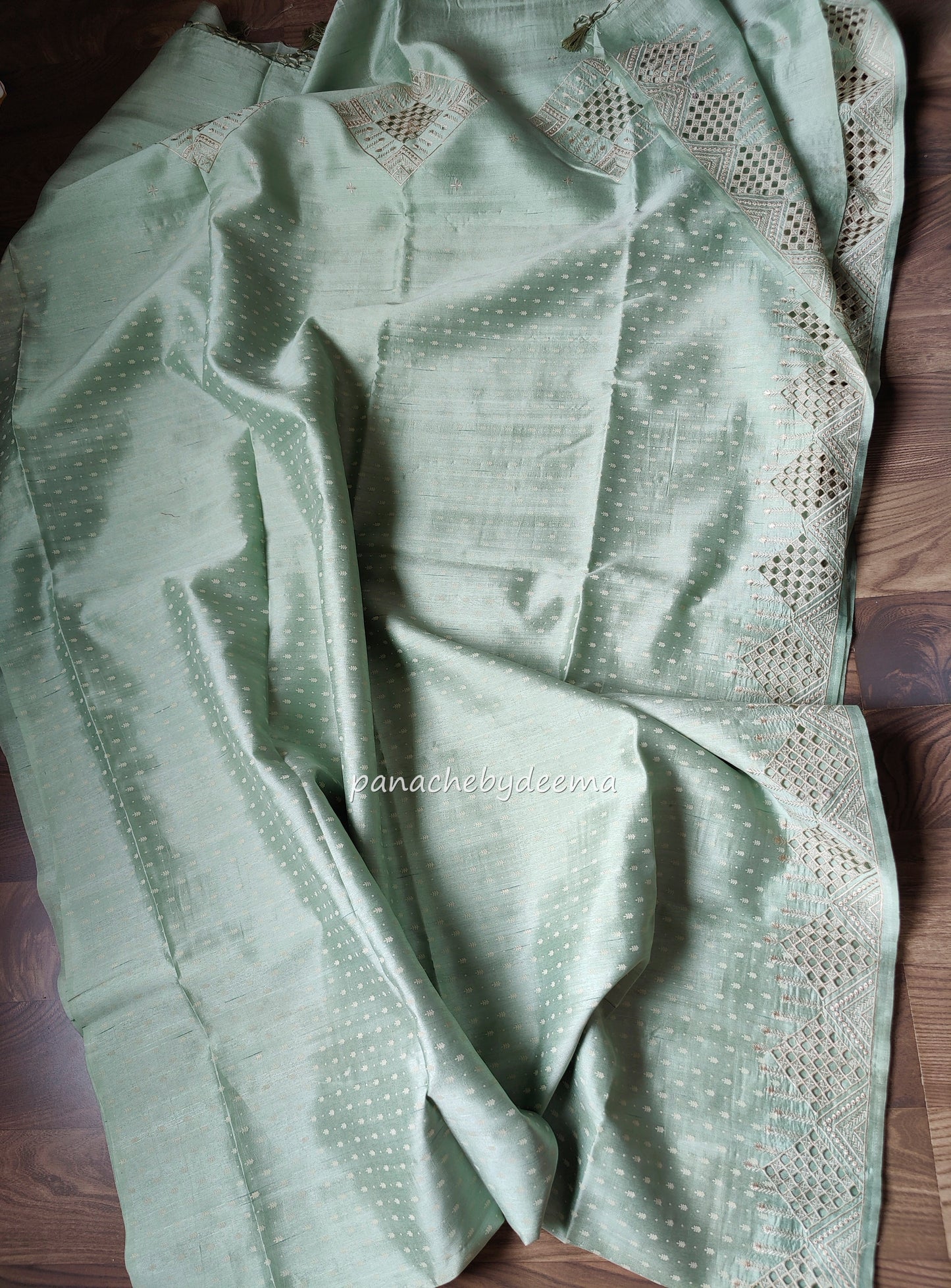 Beautiful semi tussar saree cut work border | Pastel green | CT114