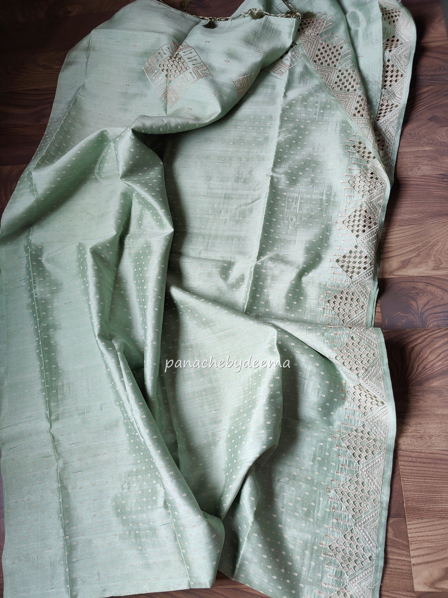 Beautiful semi tussar saree cut work border | Pastel green | CT114