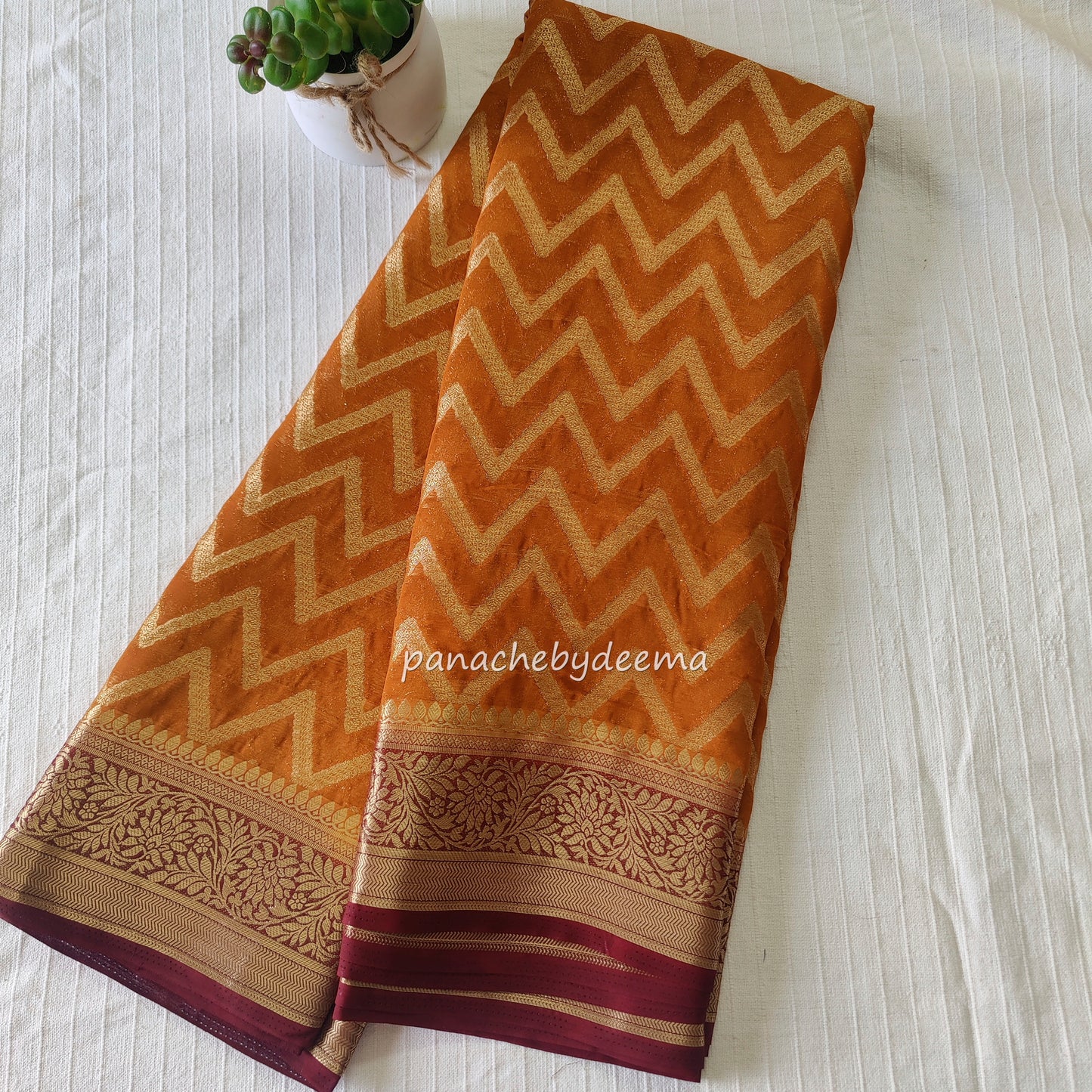 Semi-banarasi georgette saree with golden zari weaving | Mustard yellow with maroon borders |GS2