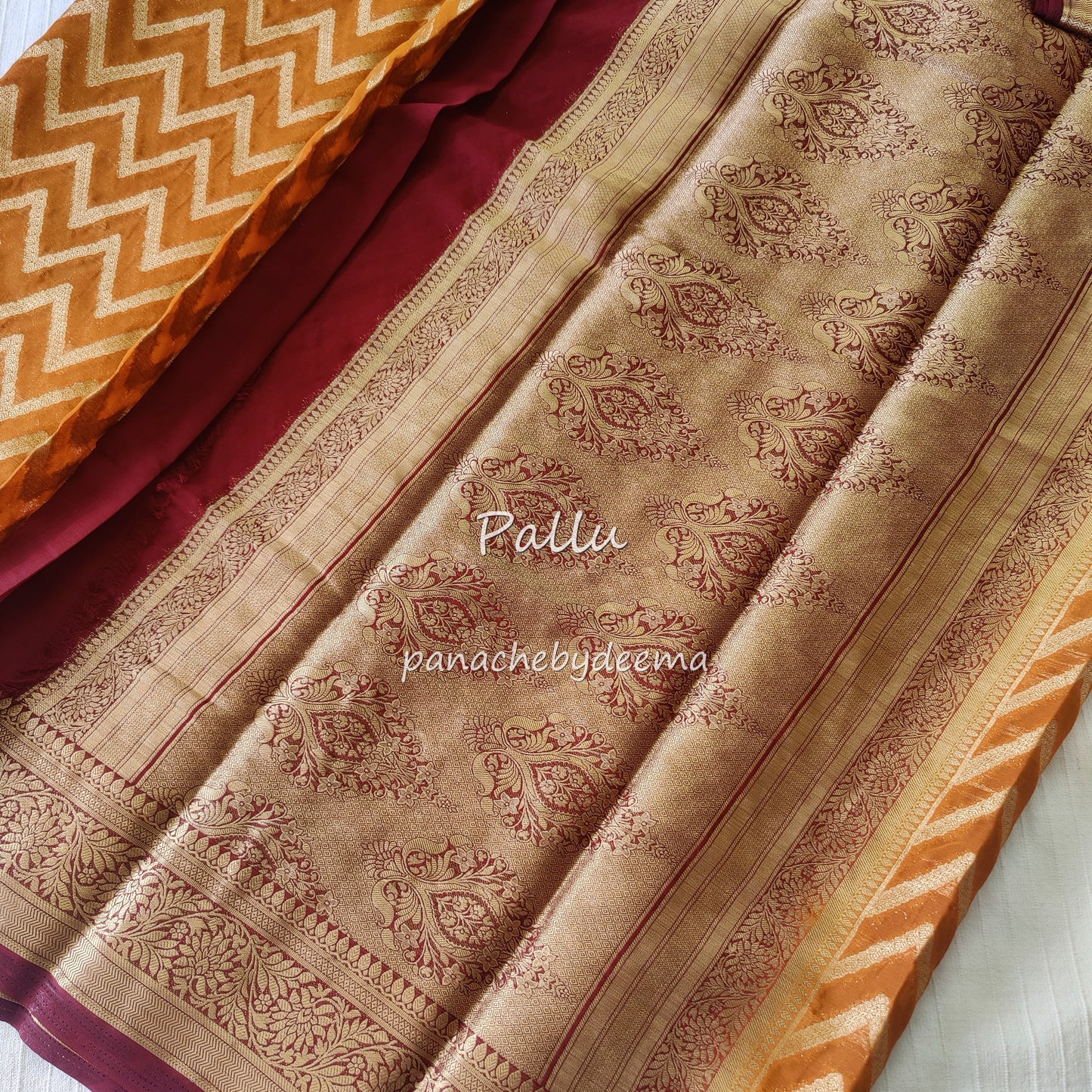 Semi-banarasi georgette saree with golden zari weaving | Mustard yellow with maroon borders |GS2