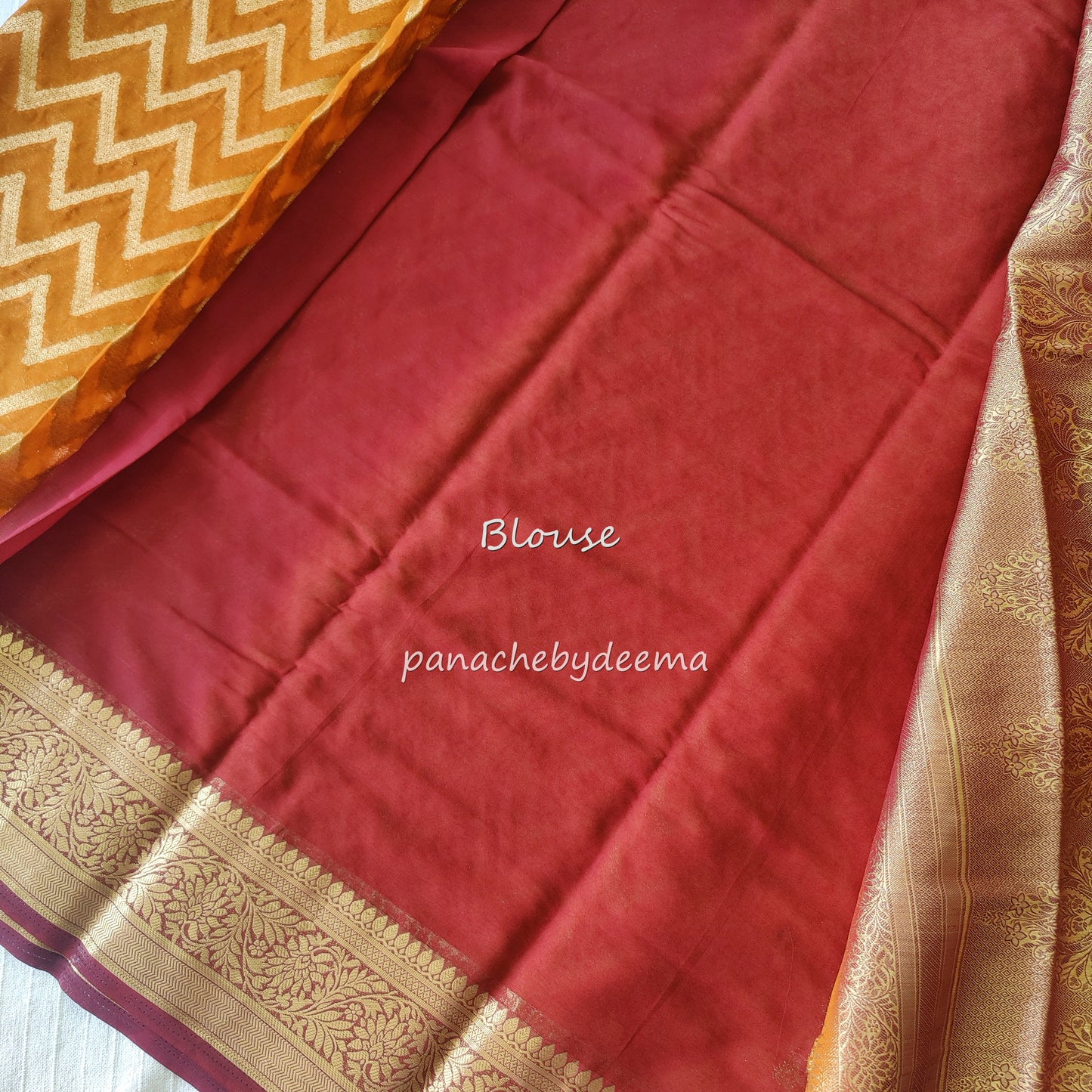 Semi-banarasi georgette saree with golden zari weaving | Mustard yellow with maroon borders |GS2
