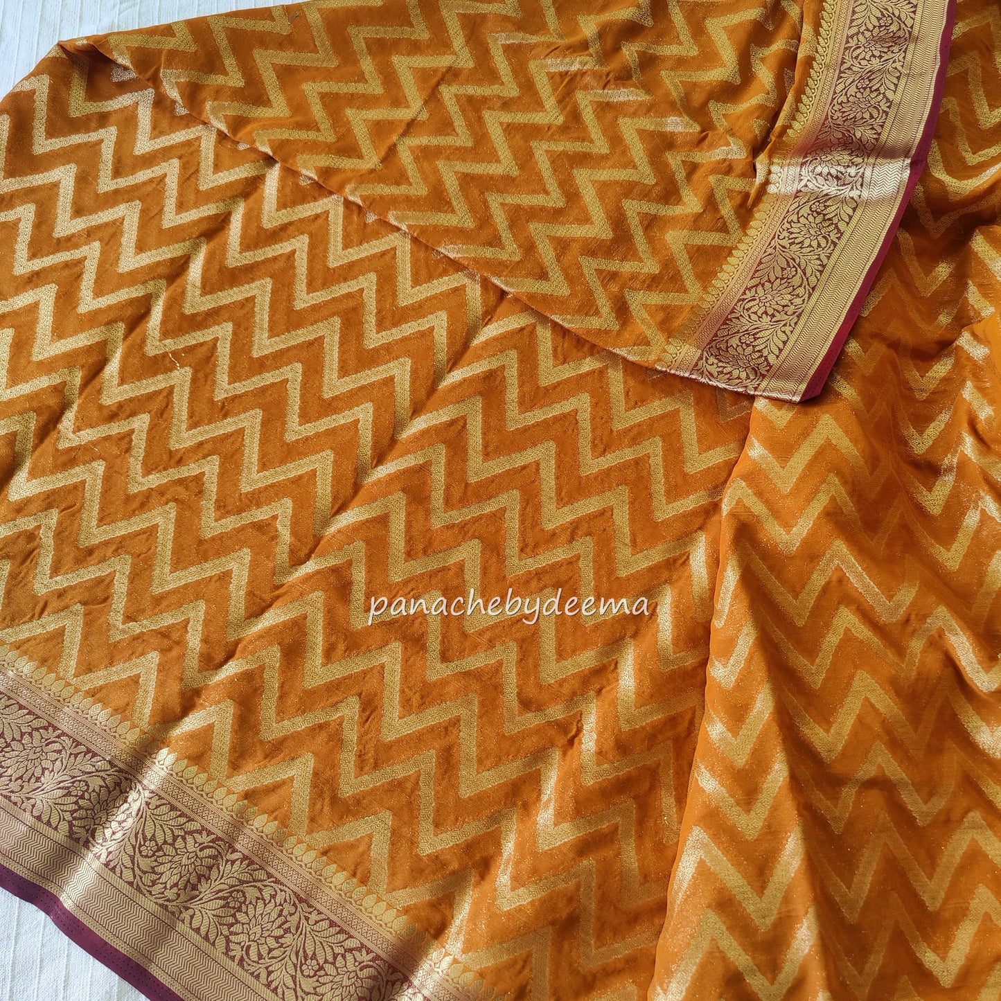 Semi-banarasi georgette saree with golden zari weaving | Mustard yellow with maroon borders |GS2