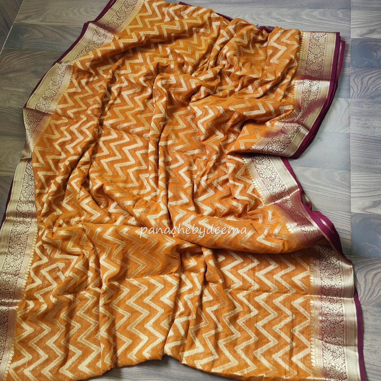 Semi-banarasi georgette saree with golden zari weaving | Mustard yellow with maroon borders |GS2