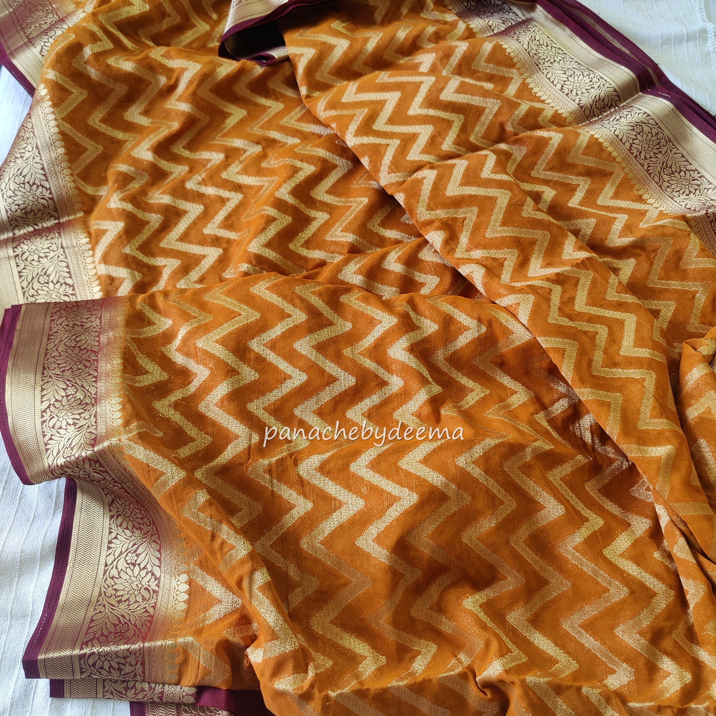 Semi-banarasi georgette saree with golden zari weaving | Mustard yellow with maroon borders |GS2