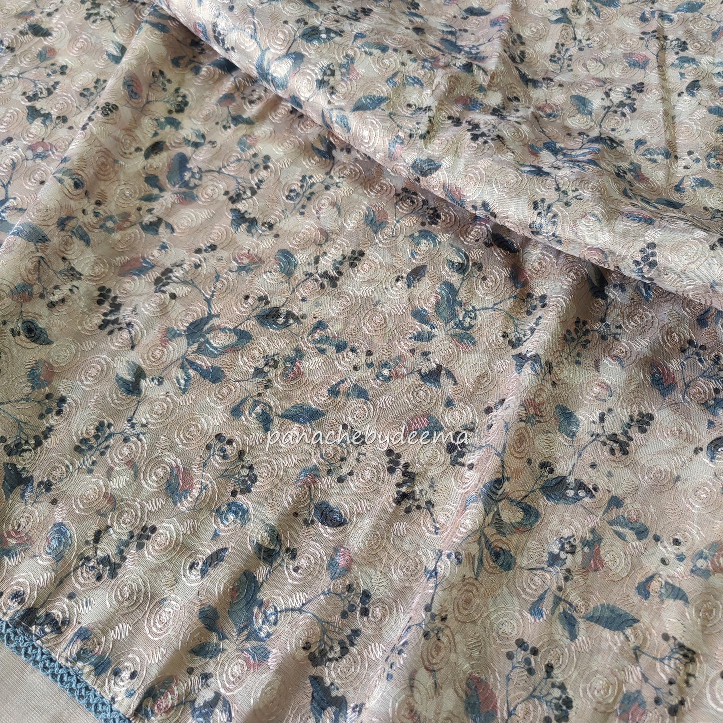 Digital print unstitched salwar set with embroidery |Cream with teal blue| AL1