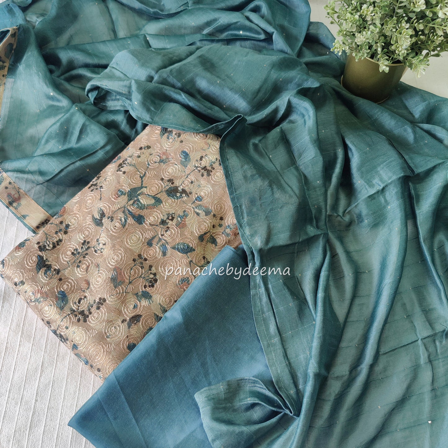 Digital print unstitched salwar set with embroidery |Cream with teal blue| AL1
