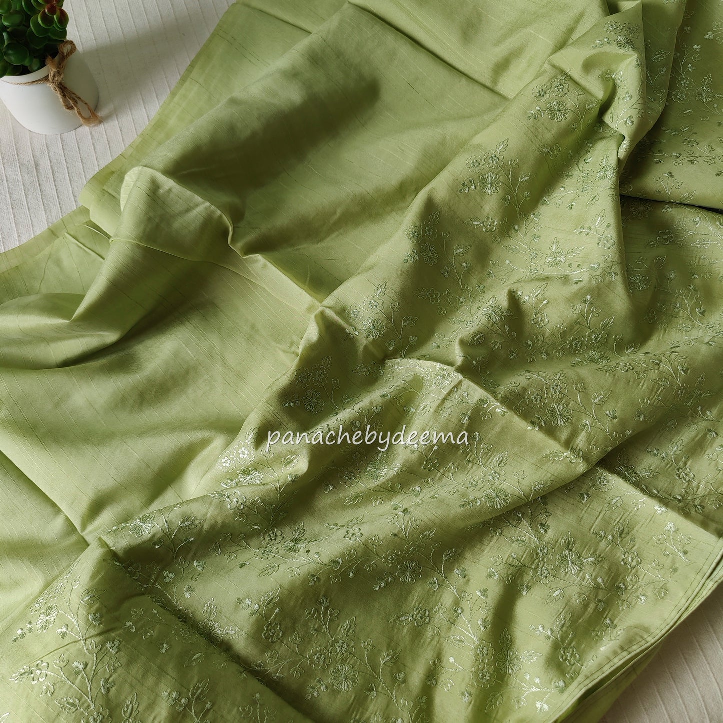 Pastel semi raw silk saree with embroidery|Pastel green | PSTL5