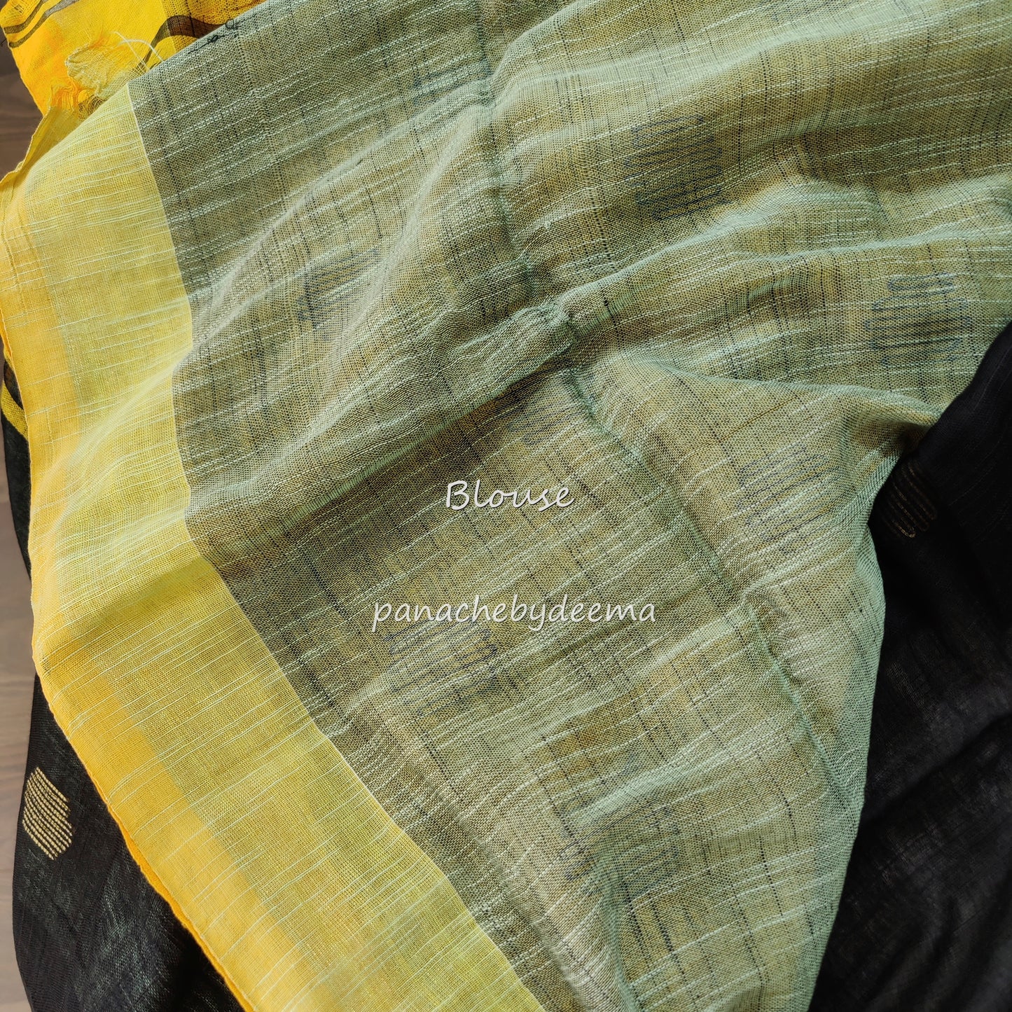 Soft linen saree with contrast border |Black with yellow |LK1