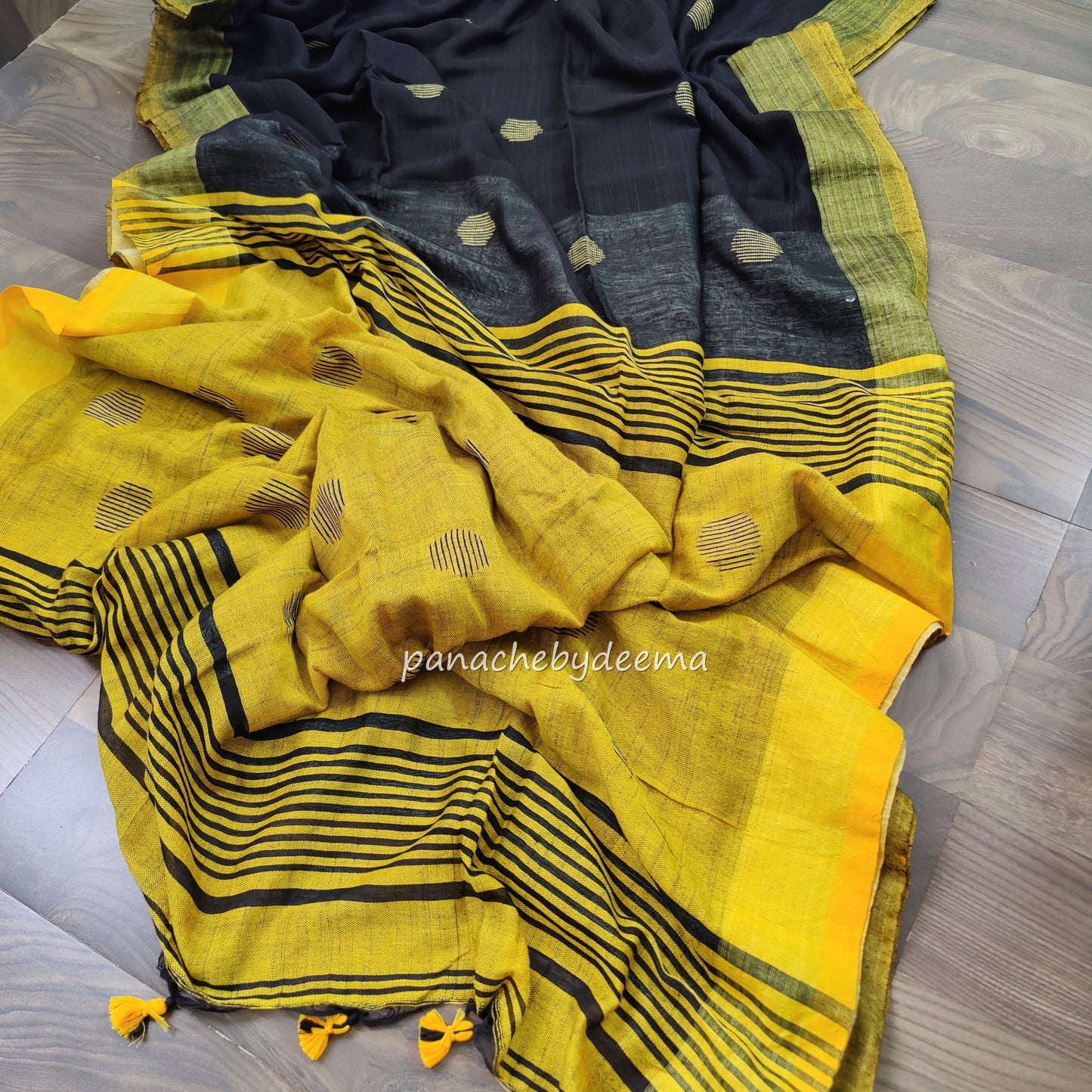 Soft linen saree with contrast border |Black with yellow |LK1