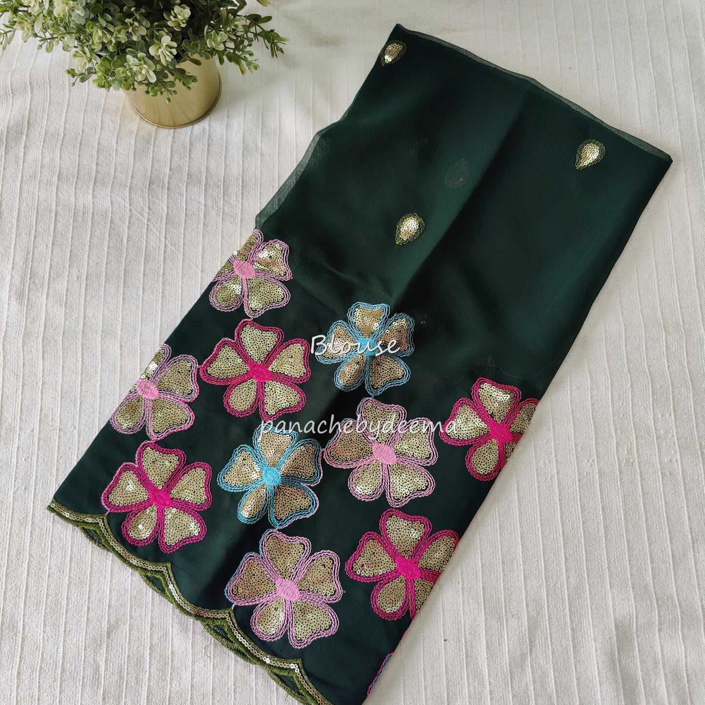 Beautiful georgette plain saree with scalloped borders, comes with heavy embroidery and sequins work blouse| Green|S4