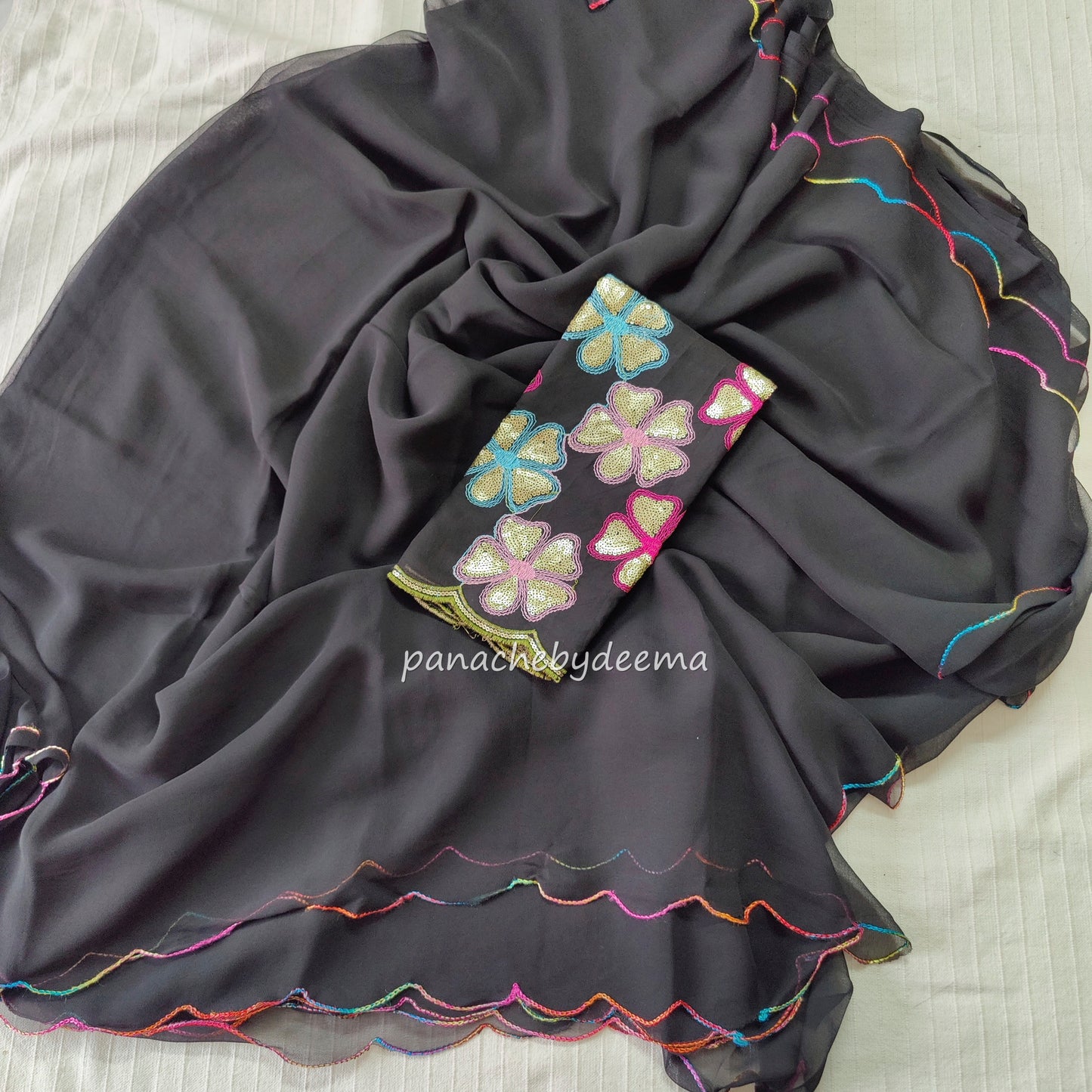 Beautiful georgette plain saree with scalloped borders, comes with heavy embroidery and sequins work blouse| Black |S1
