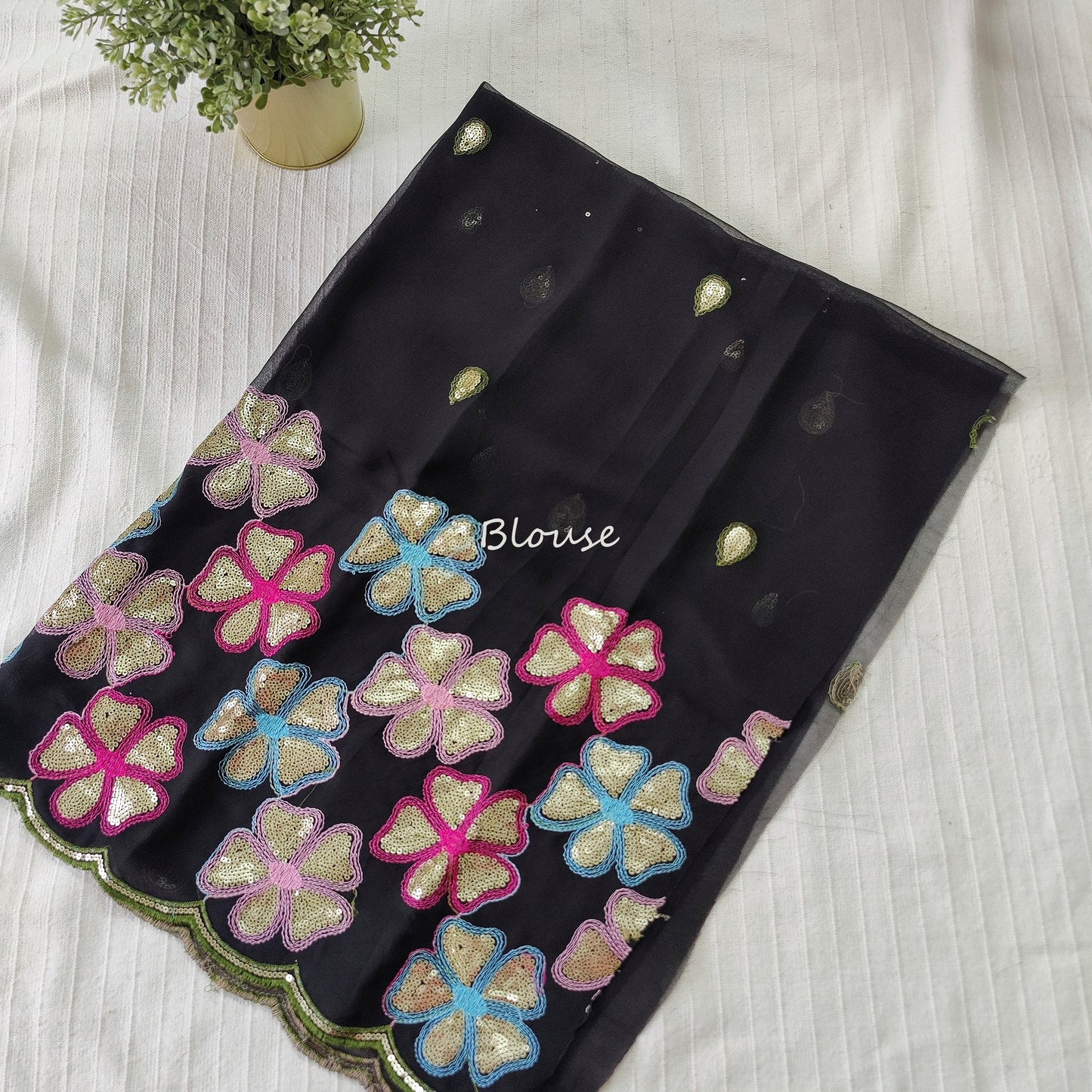 Beautiful georgette plain saree with scalloped borders, comes with heavy embroidery and sequins work blouse| Black |S1