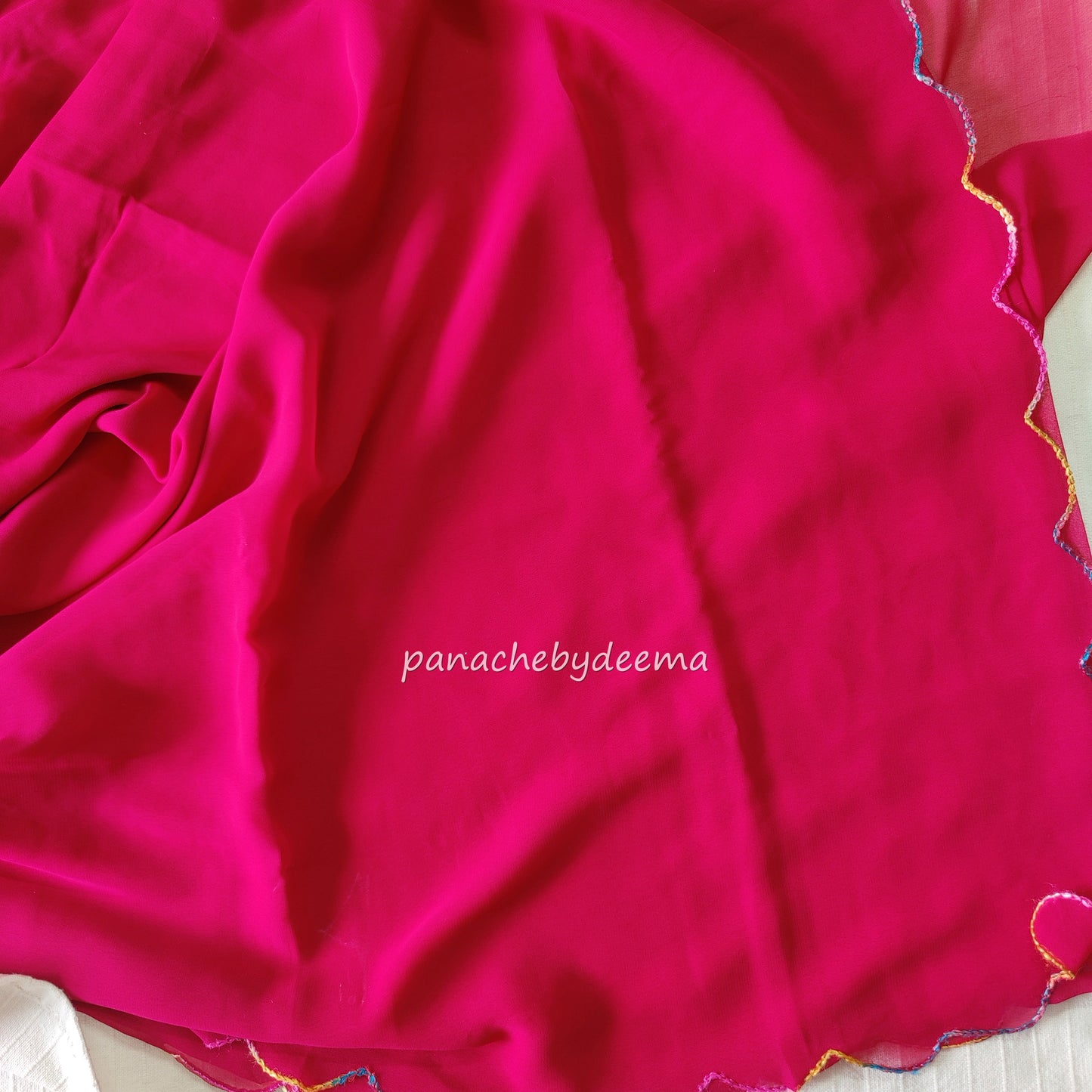 Beautiful georgette plain saree with scalloped borders, comes with heavy embroidery and sequins work blouse| Rani pink|S2