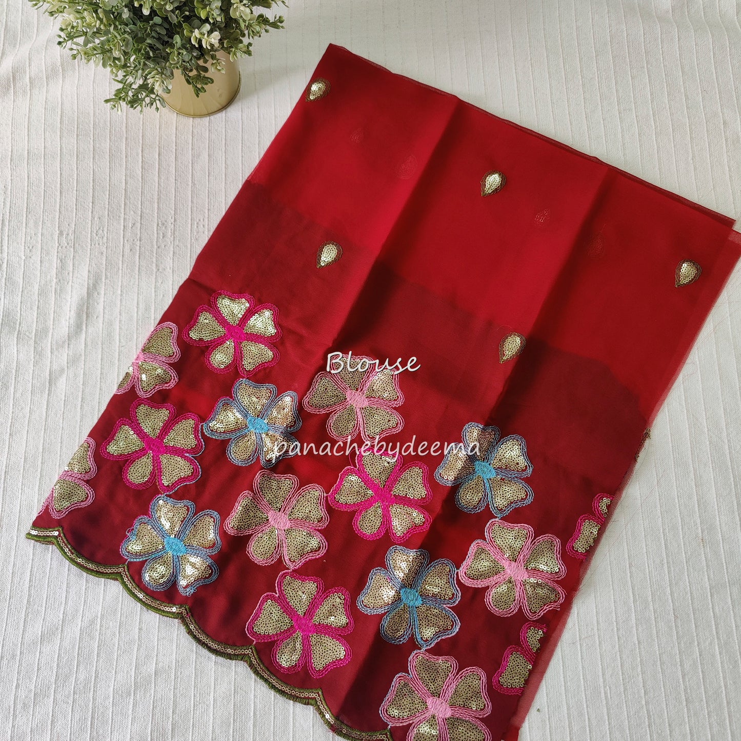 Beautiful georgette plain saree with scalloped borders, comes with heavy embroidery and sequins work blouse| Chilli red|S6