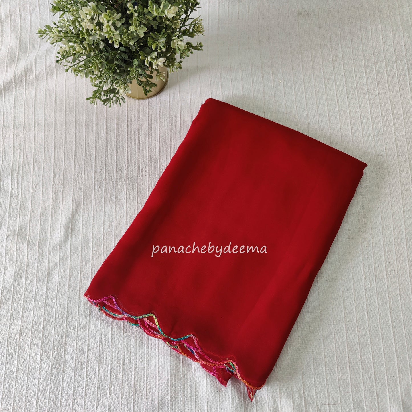 Beautiful georgette plain saree with scalloped borders, comes with heavy embroidery and sequins work blouse| Chilli red|S6