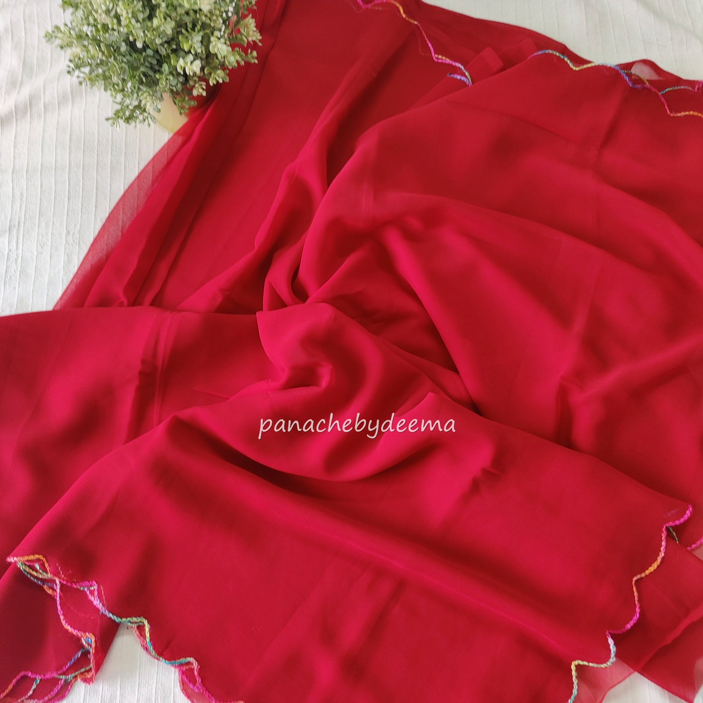 Beautiful georgette plain saree with scalloped borders, comes with heavy embroidery and sequins work blouse| Chilli red|S6