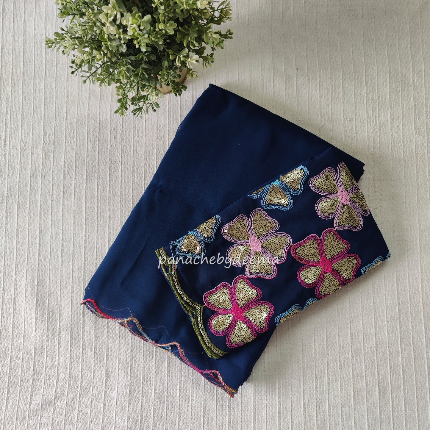 Beautiful georgette plain saree with scalloped borders, comes with heavy embroidery and sequins work blouse| Blue |S5