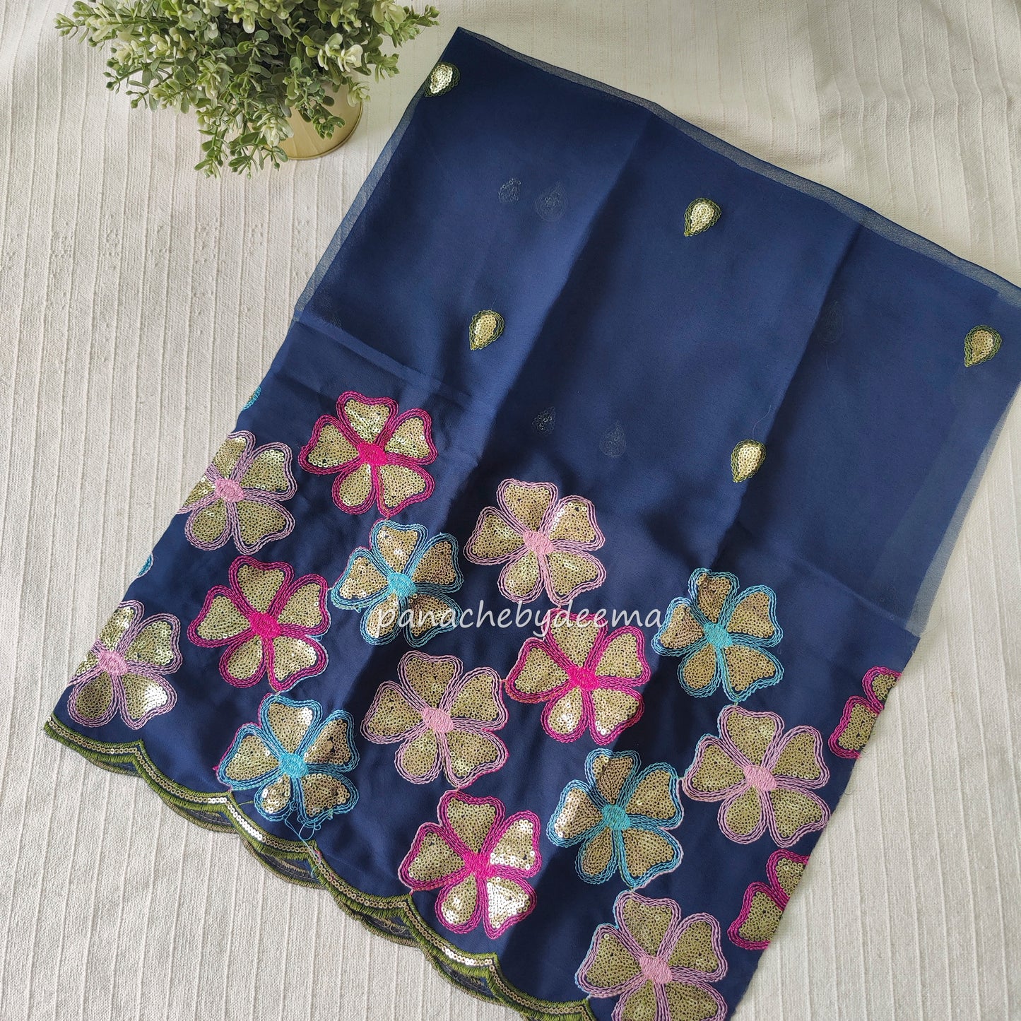 Beautiful georgette plain saree with scalloped borders, comes with heavy embroidery and sequins work blouse| Blue |S5