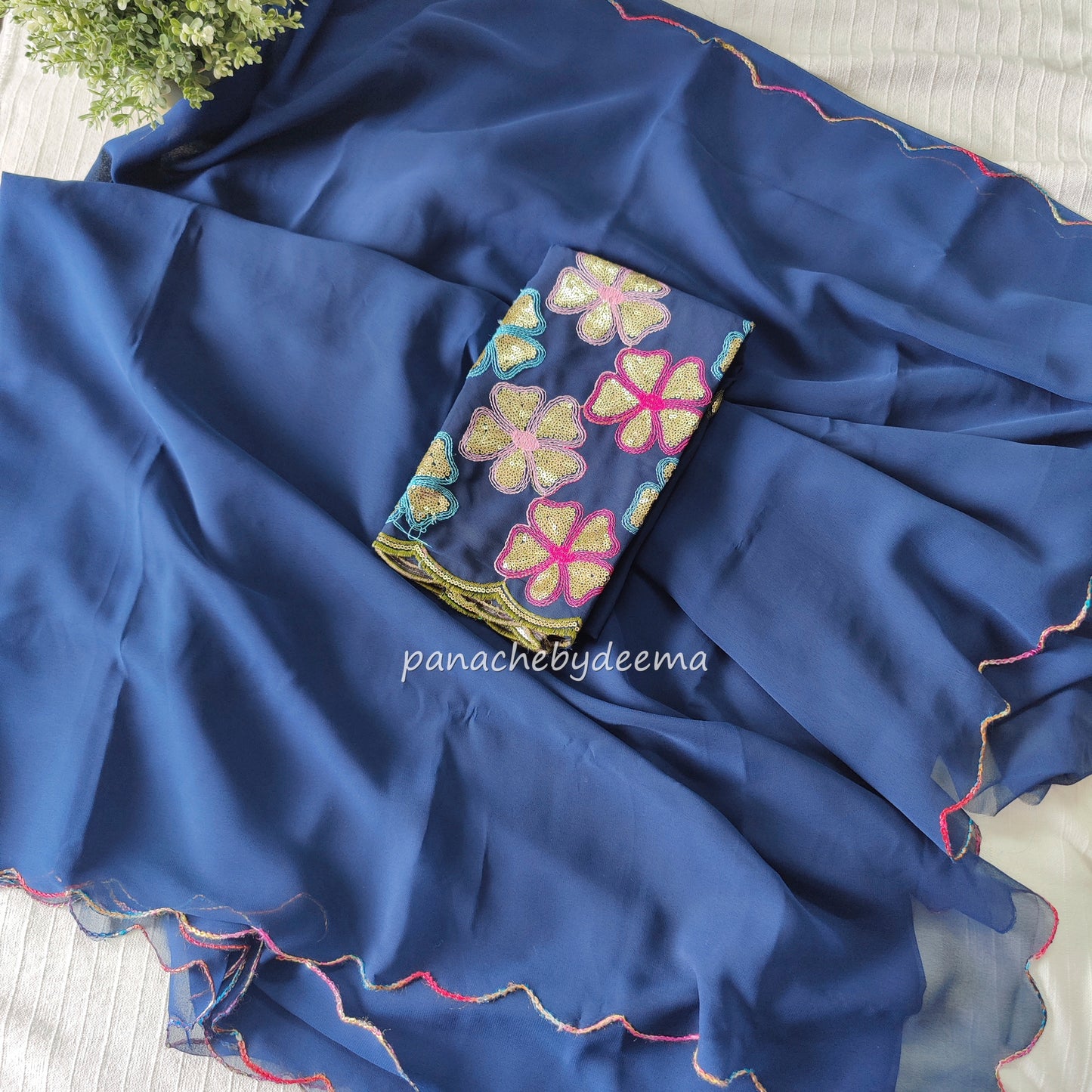 Beautiful georgette plain saree with scalloped borders, comes with heavy embroidery and sequins work blouse| Blue |S5
