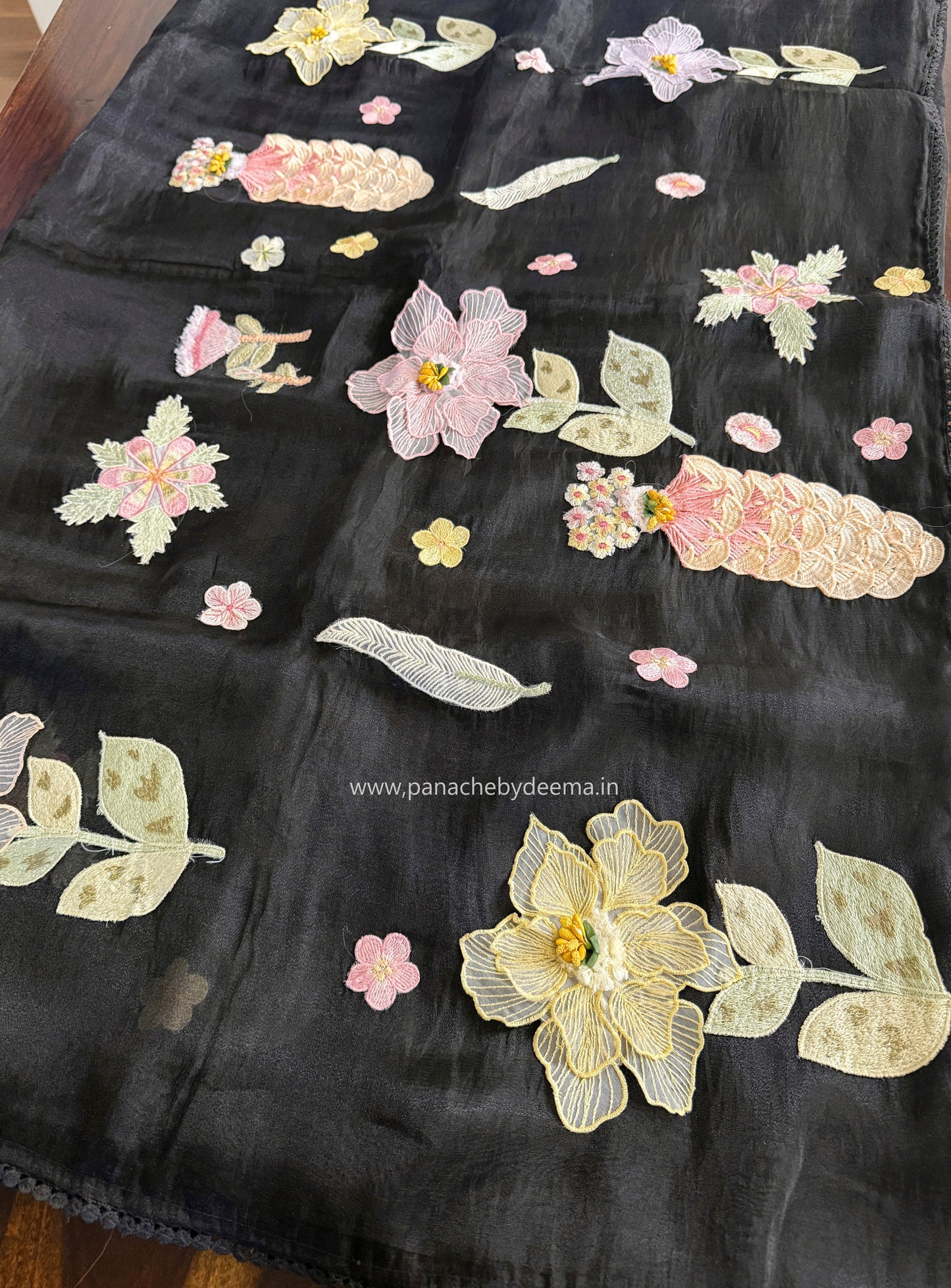 Tissue Organza saree with 3D applique work and lace detailed borders|Black | BA1