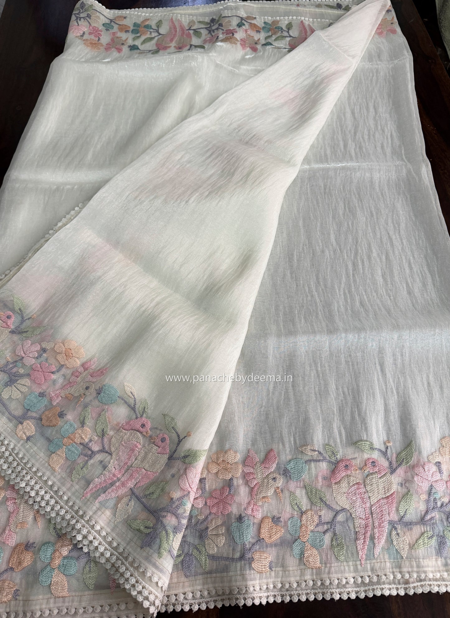 Organza glass tissue saree with embroidery and lace detailed borders | Offwhite | OB2