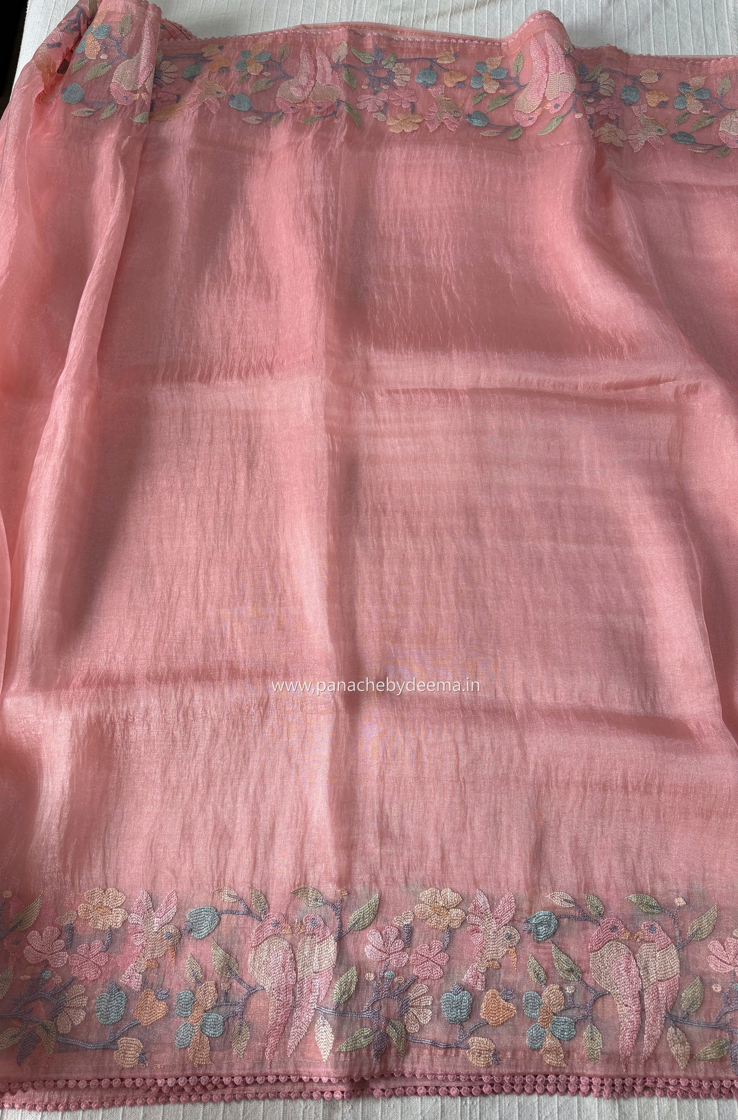 Organza glass tissue saree with embroidery and lace detailed borders | Peach | OB1