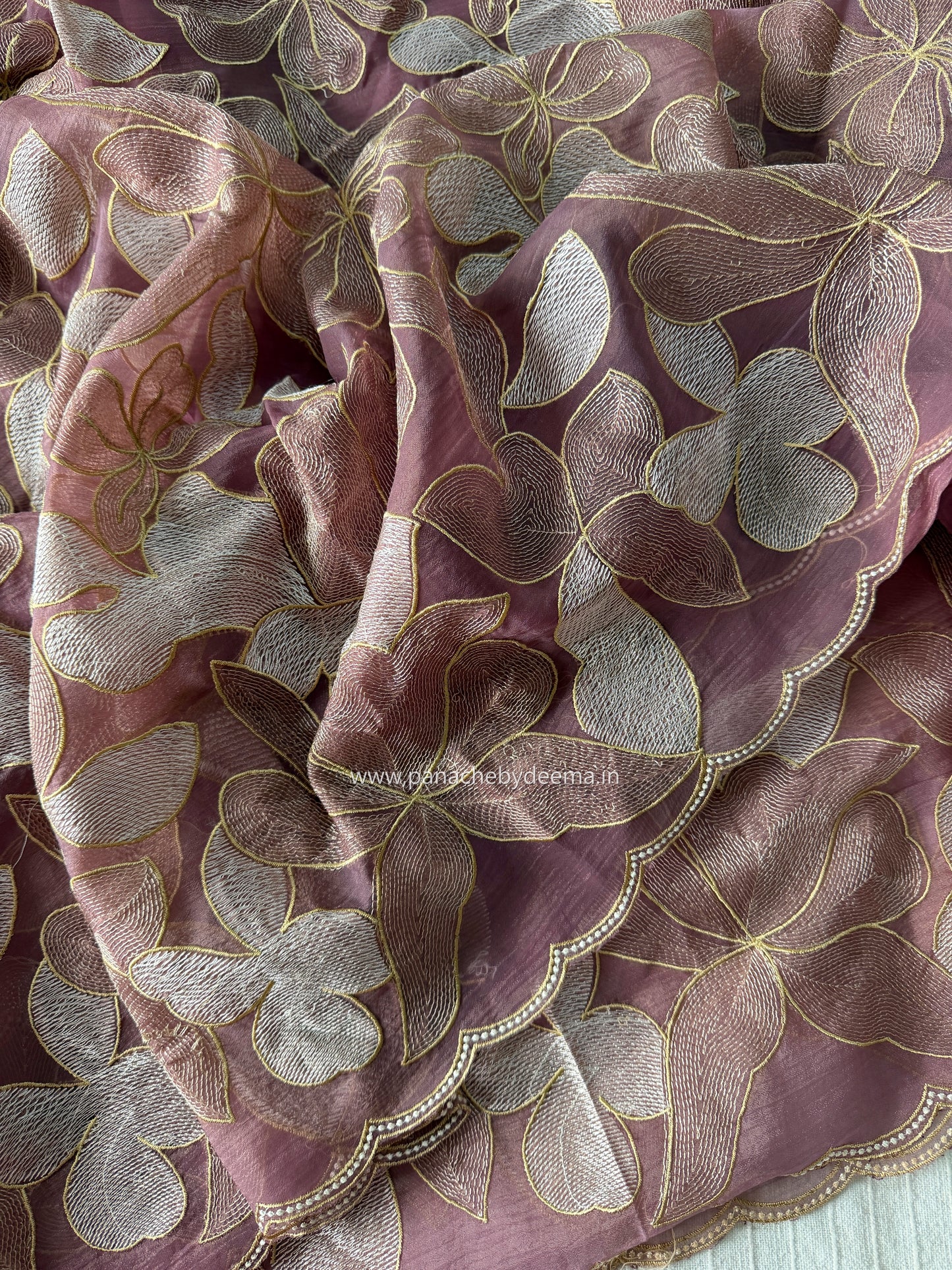 Chiffon saree with colour embroidery and scalloped borders | Wine | SH1