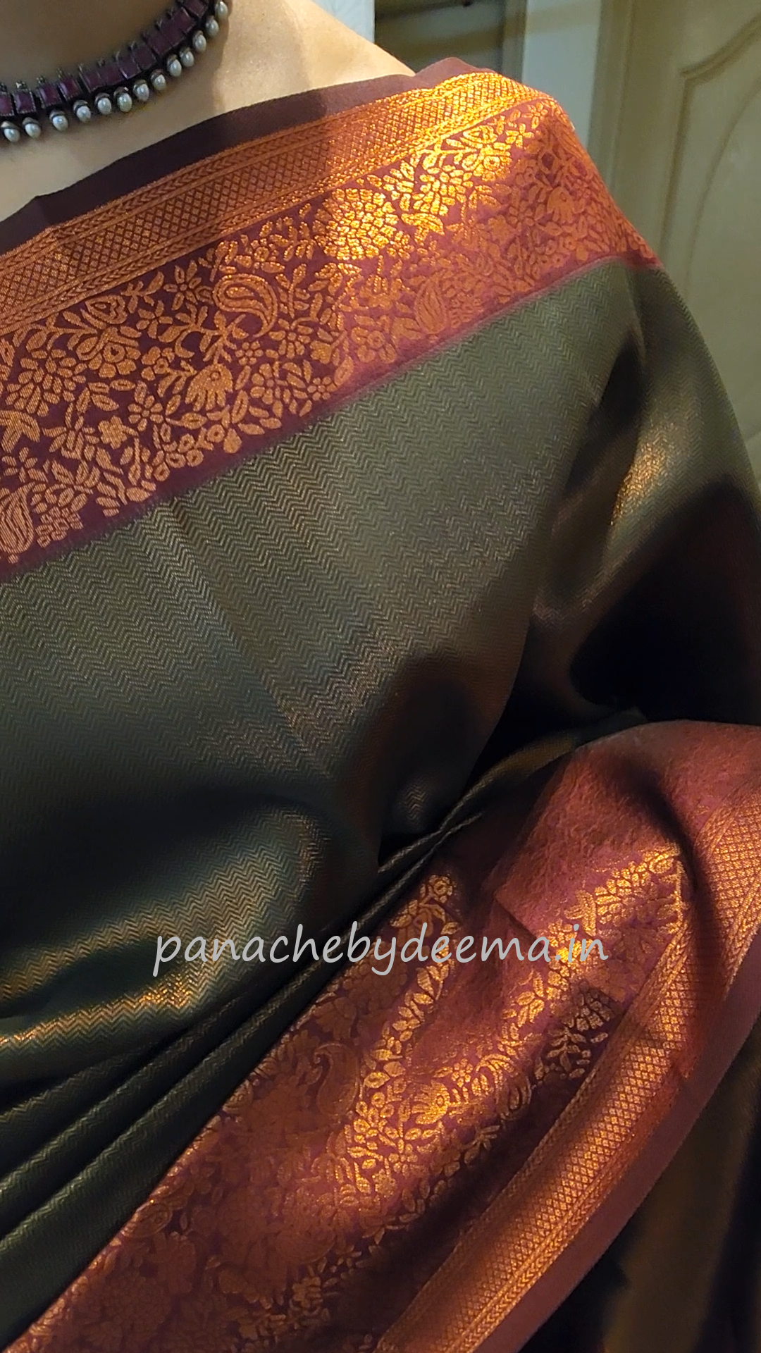 Copper zari woven semi kancheepuram silk saree with contrast border and blouse | Green with maroon border |SS125