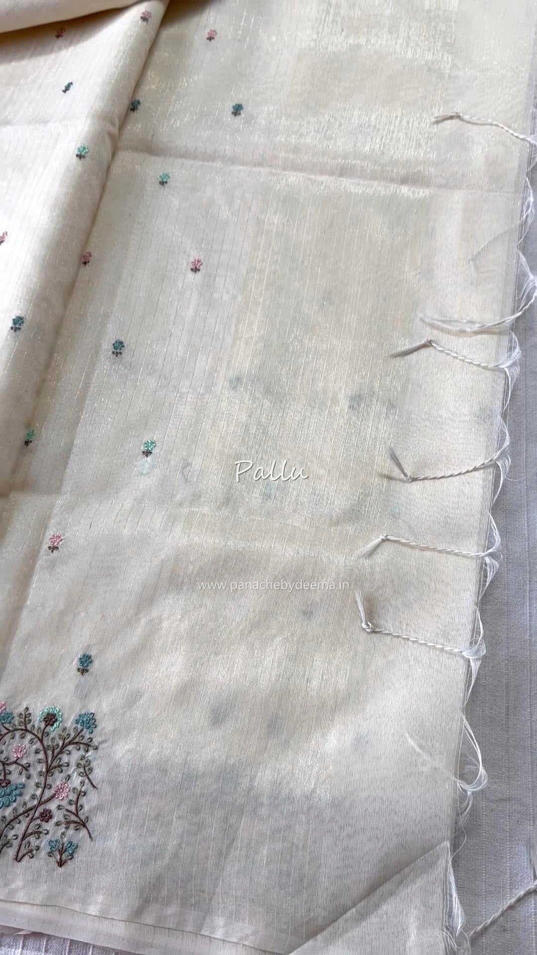 Semi chanderi tissue silk saree with embroidery | Light cream with blue flowers | CHN3