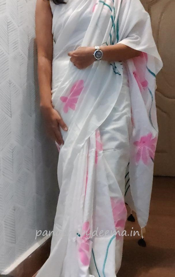 Mul cotton saree handpainted flowers |white| K12