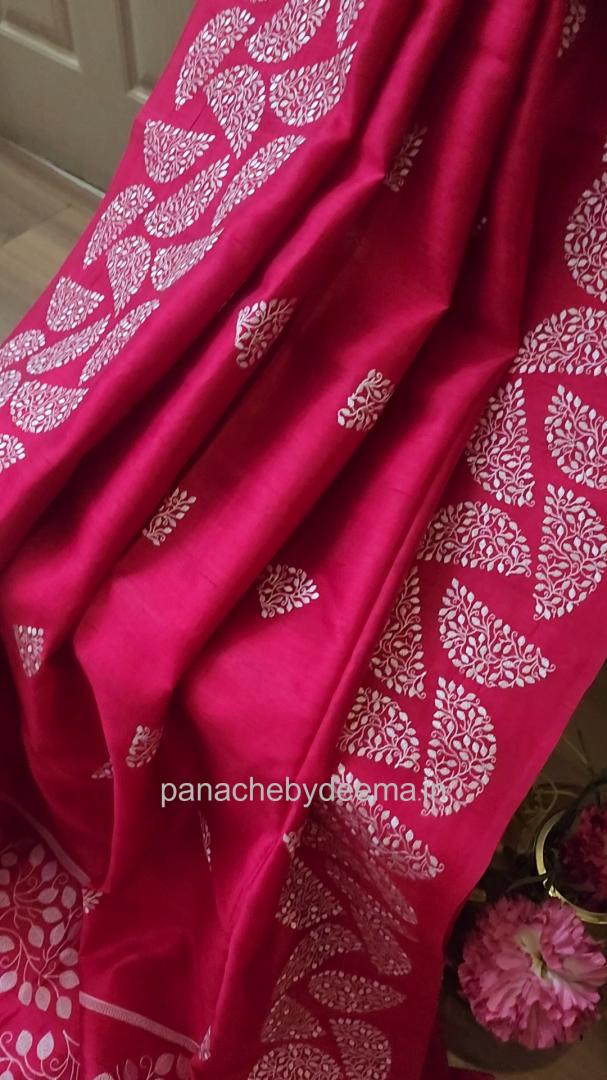Matka silk designer saree with embroidery | Dark pink | SC2