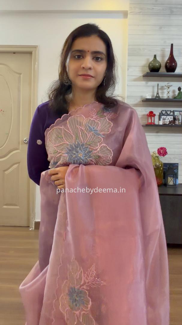 Organza saree with applique work | Mauve pink |GL10