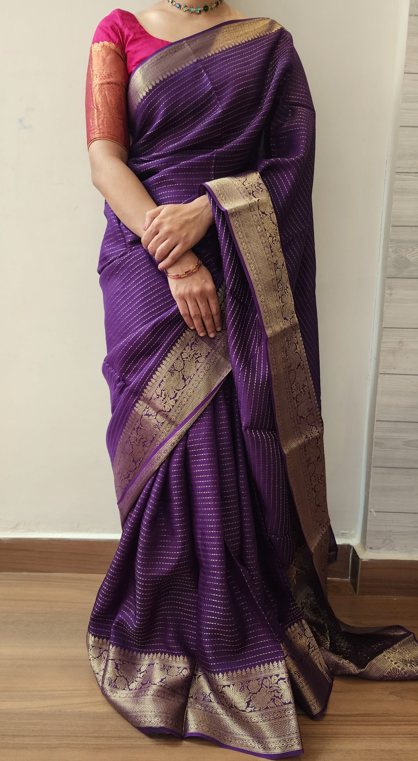 Semi banarasi munga silk designer sareee with kantha pattern zari weaving | Violet with pink | BS1