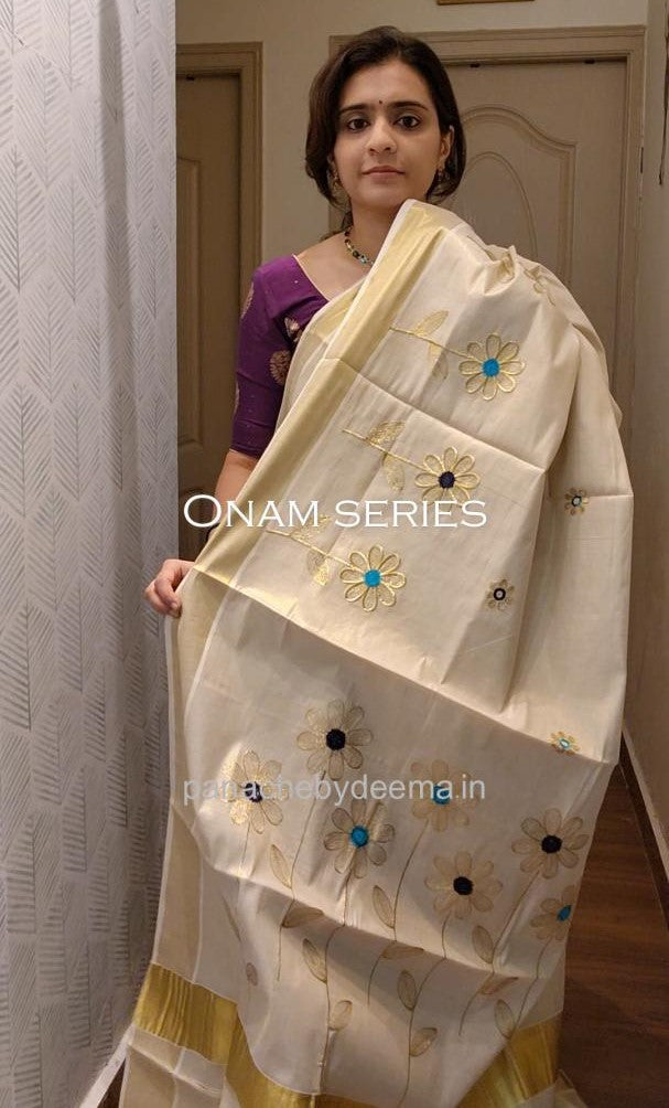 Golden tissue kerala saree with flower embroidery | Navy blue and seablue ON102