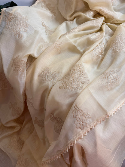 Soft mul chanderi saree with tissue applique | Light cream | MC1